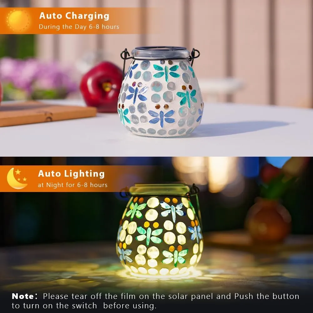 Stargarden Mosaic Solar Lanterns Outdoor Waterproof, Dragonfly Lanterns Decorative Outdoor, Glass Hanging Solar Lights Table Lamp for Yard, Garden Decor