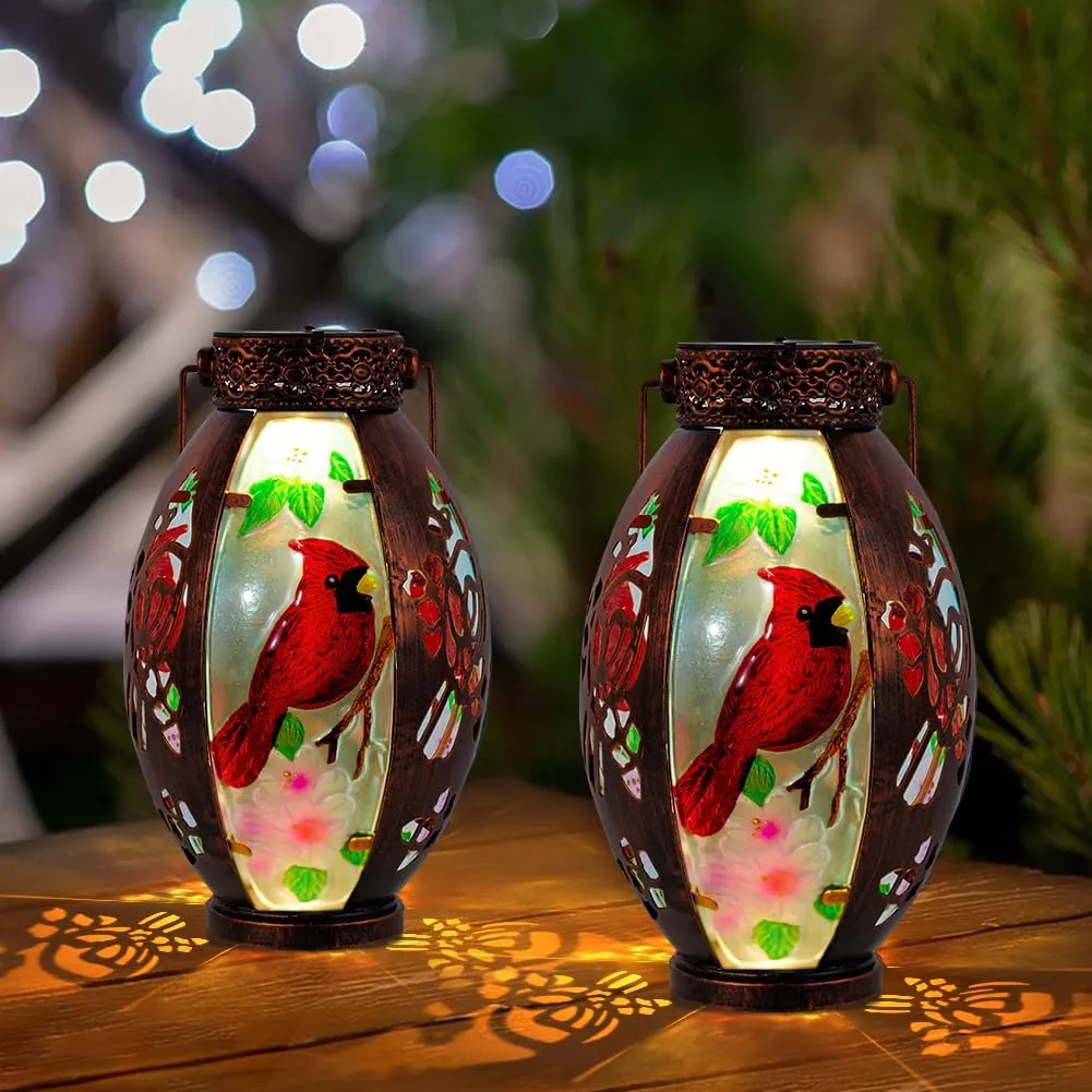 Starsoul 2 PC Cardinal Outdoor Solar Lantern Cardinal Solar Light Waterproof Tabletop Lamp with Hollowed-Out Design for Yard Patio Garden Pathway