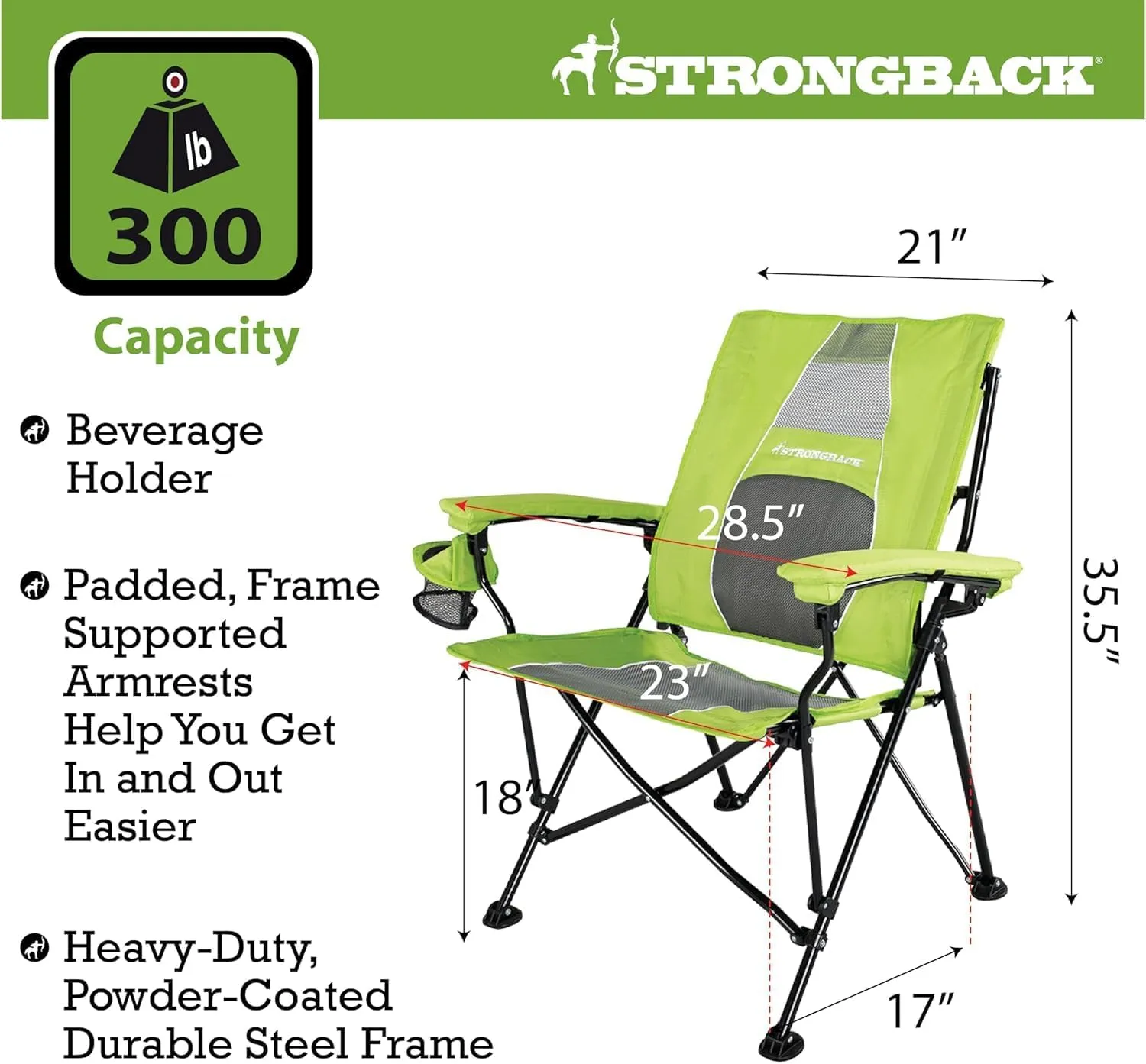 STRONGBACK Elite Folding Camping Lawn Lounge Chair Heavy Duty Camp Outdoor Seat with Lumbar Support and Portable Carry Bag - Lime/Grey
