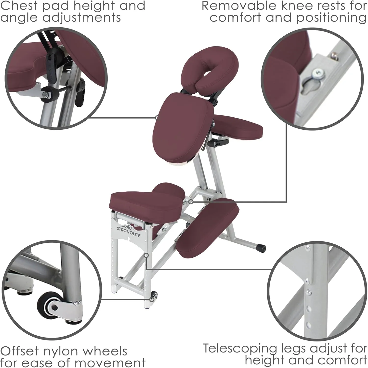 STRONGLITE Portable Massage Chair Ergo Pro II - Ultra-Strong, Lightweight, Foldable Tattoo Spa Chair with Wheels & Carry Case (600lbs Working Weight), Burgundy