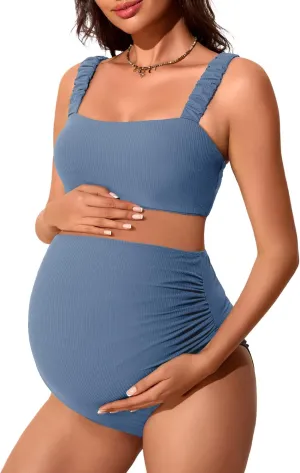 Summer Mae Ribbed Maternity Bikini Swimsuit for Women High Waisted Two-Piece Bathing Suit Crop Top Pregnancy Swimwear