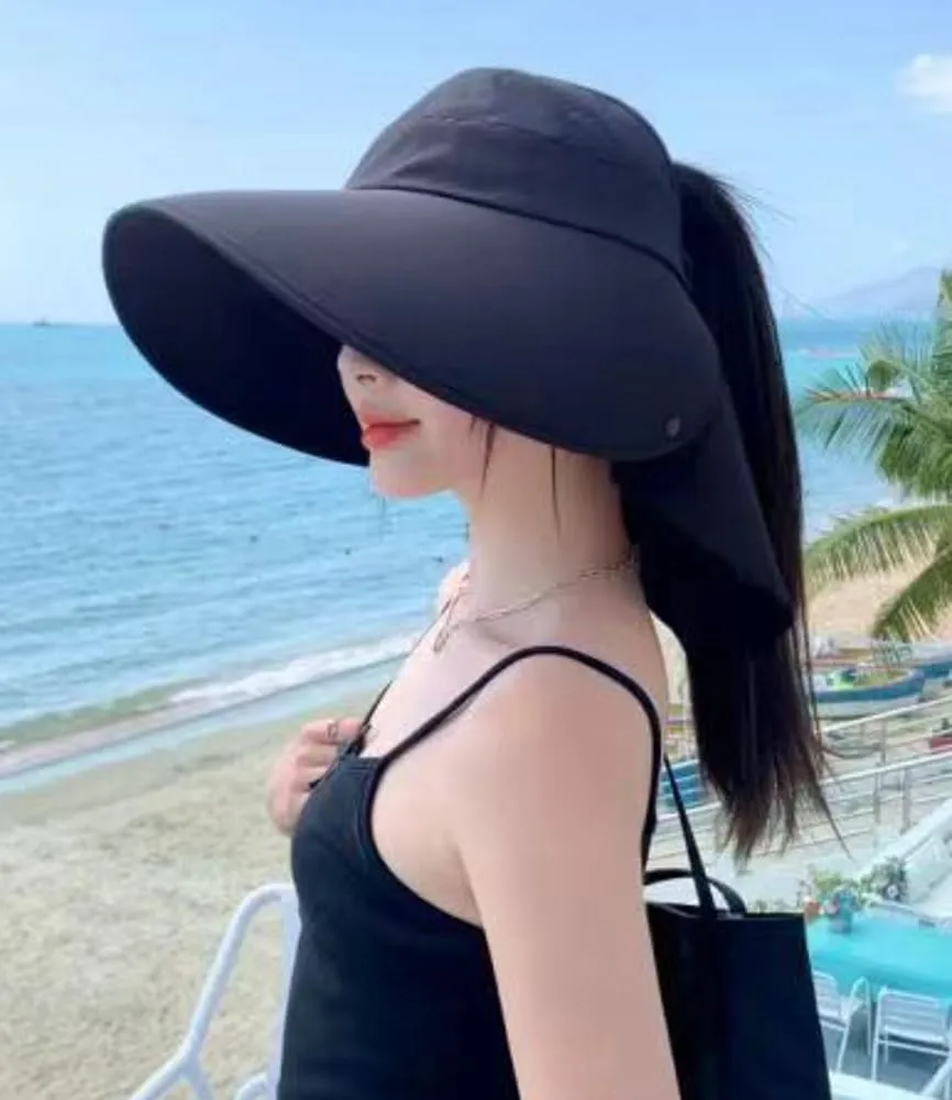 Sun Hat for Women UPF 50  Wide Brim Bucket Cap Ponytail Hole UV Protection Summer Beach Travel Visor Hat with Neck Flap