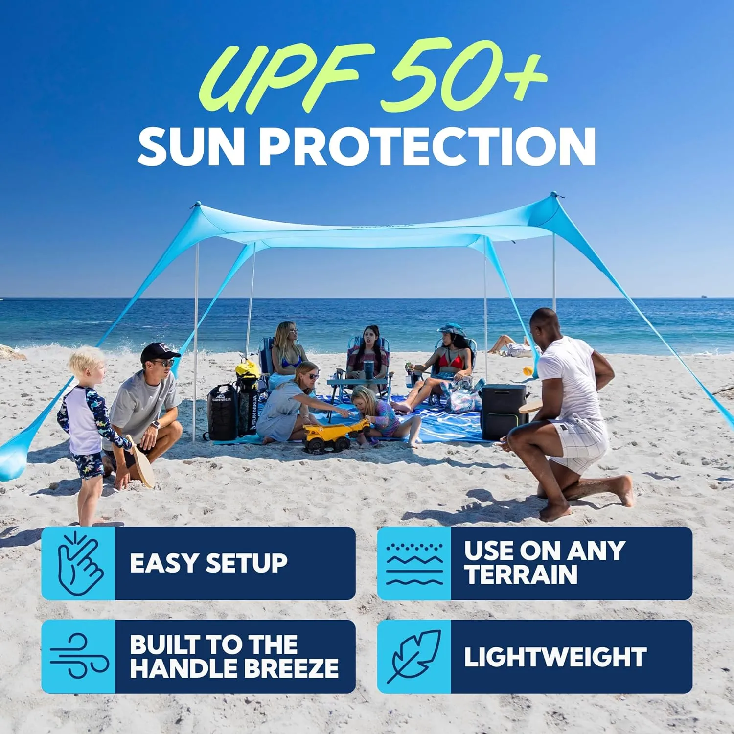 SUN NINJA Beach Tent Sun Shelter UPF50  - Easy Pop Up Beach Canopy - Outdoor Shade for Camping Trips, Fishing, Backyard Fun Picnics - Sand Shovel, Ground Pegs & Stability Poles