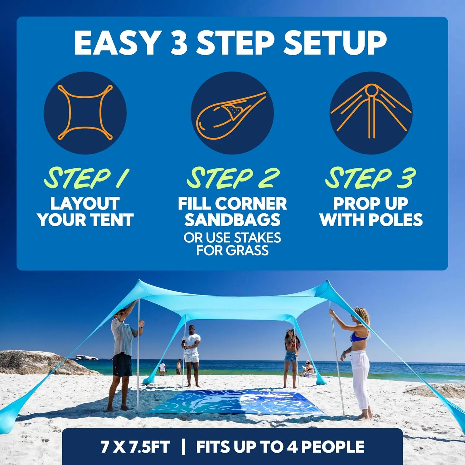 SUN NINJA Beach Tent Sun Shelter UPF50  - Easy Pop Up Beach Canopy - Outdoor Shade for Camping Trips, Fishing, Backyard Fun Picnics - Sand Shovel, Ground Pegs & Stability Poles