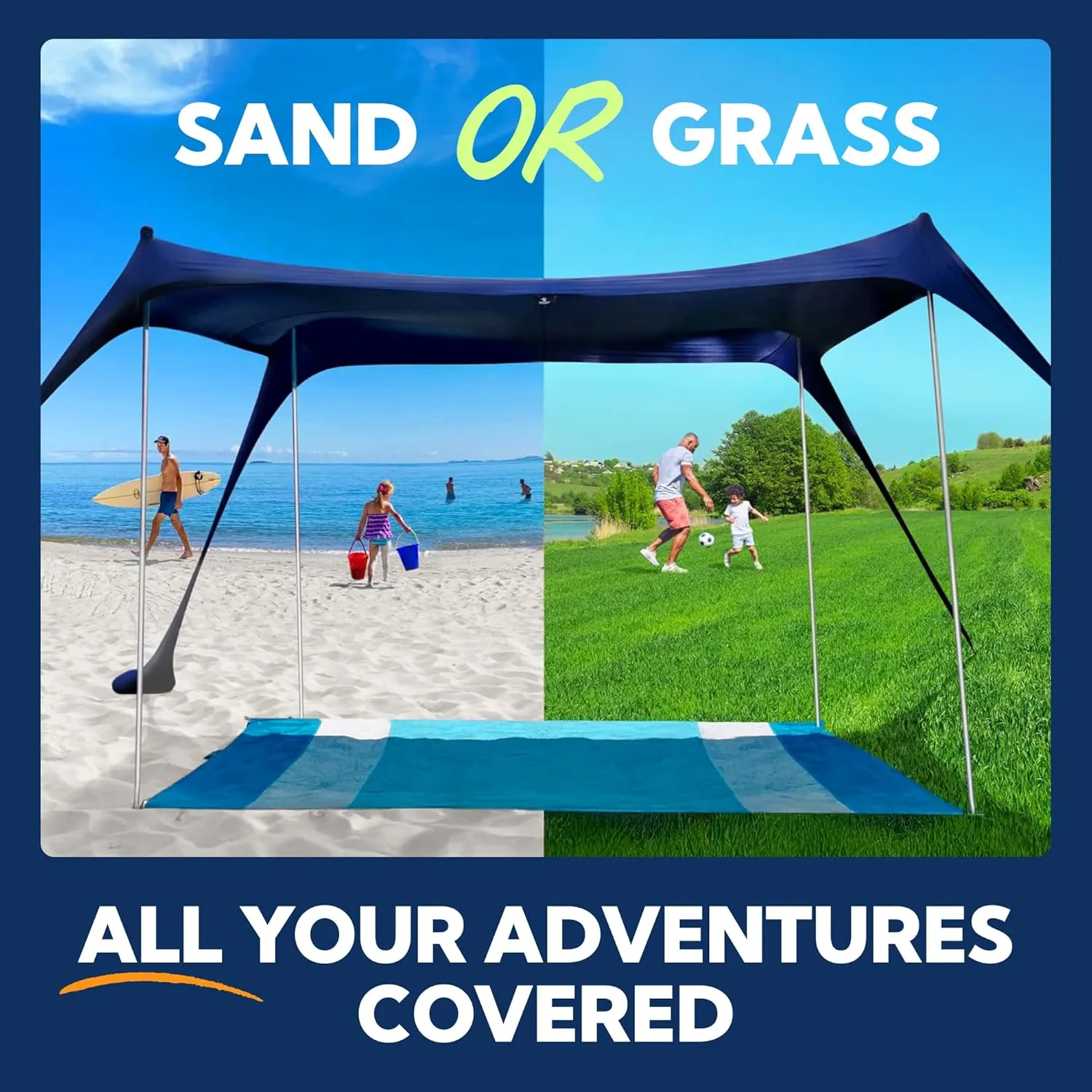 SUN NINJA Beach Tent Sun Shelter UPF50  - Easy Pop Up Beach Canopy - Outdoor Shade for Camping Trips, Fishing, Backyard Fun Picnics - Sand Shovel, Ground Pegs & Stability Poles