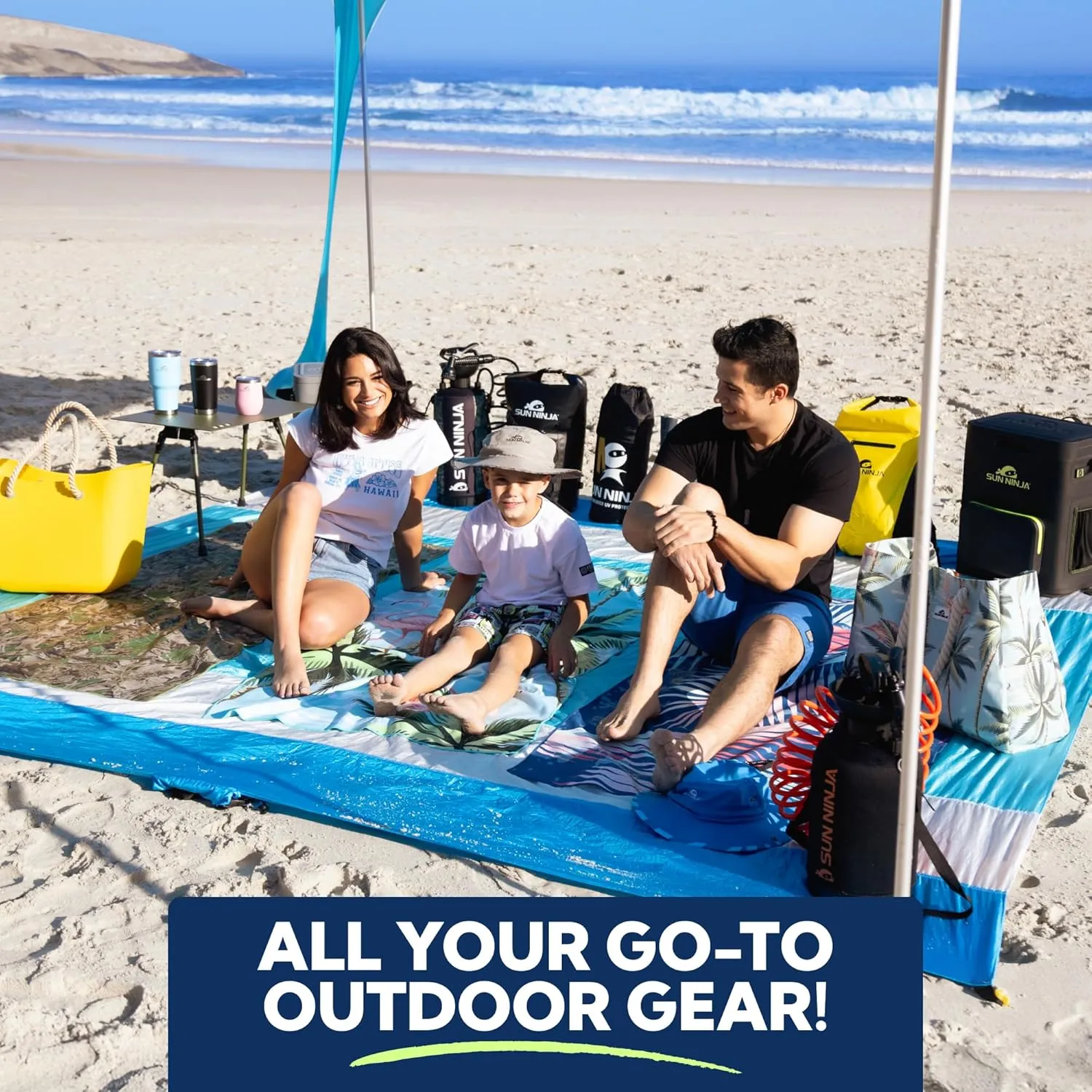 SUN NINJA Beach Tent Sun Shelter UPF50  - Easy Pop Up Beach Canopy - Outdoor Shade for Camping Trips, Fishing, Backyard Fun Picnics - Sand Shovel, Ground Pegs & Stability Poles