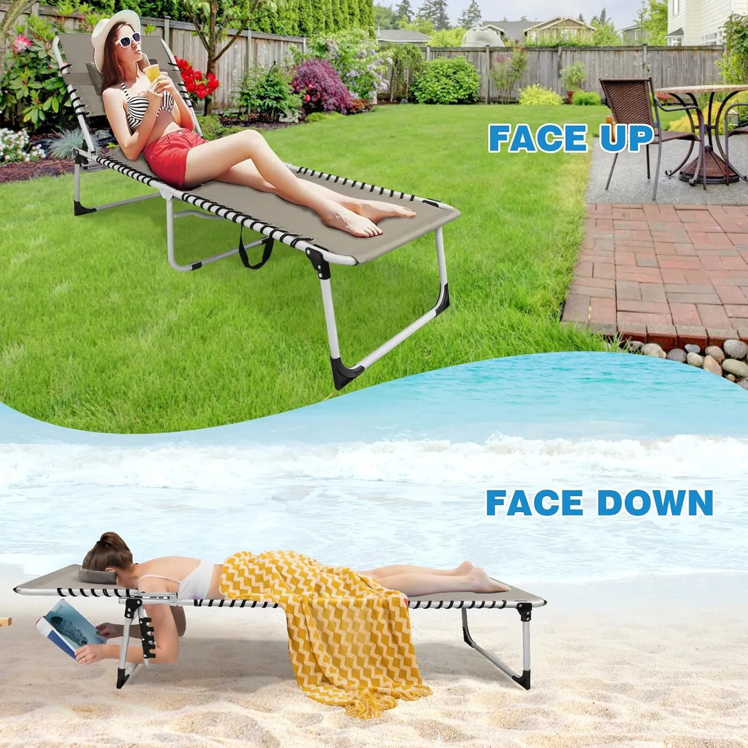 Sun Tanning Chair with Face Hole 5-Position Folding Lounge Chair Outdoor with Portable Beach Table for Poolside Sunbathing Camping Lawn Backyard