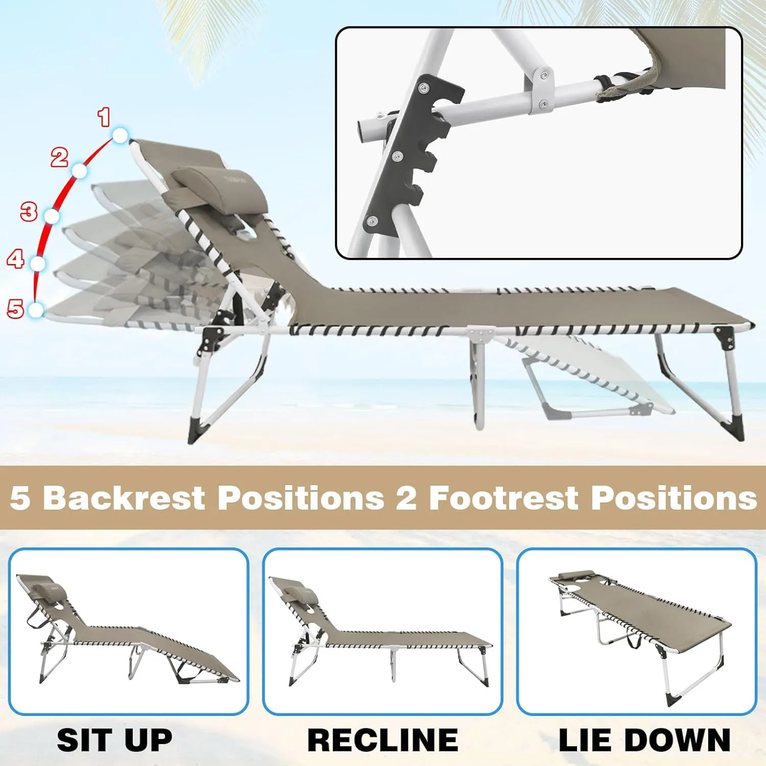 Sun Tanning Chair with Face Hole 5-Position Folding Lounge Chair Outdoor with Portable Beach Table for Poolside Sunbathing Camping Lawn Backyard