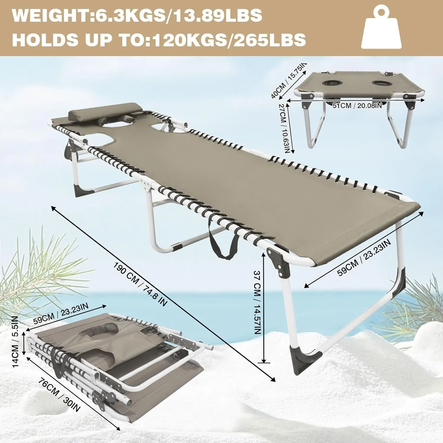 Sun Tanning Chair with Face Hole 5-Position Folding Lounge Chair Outdoor with Portable Beach Table for Poolside Sunbathing Camping Lawn Backyard