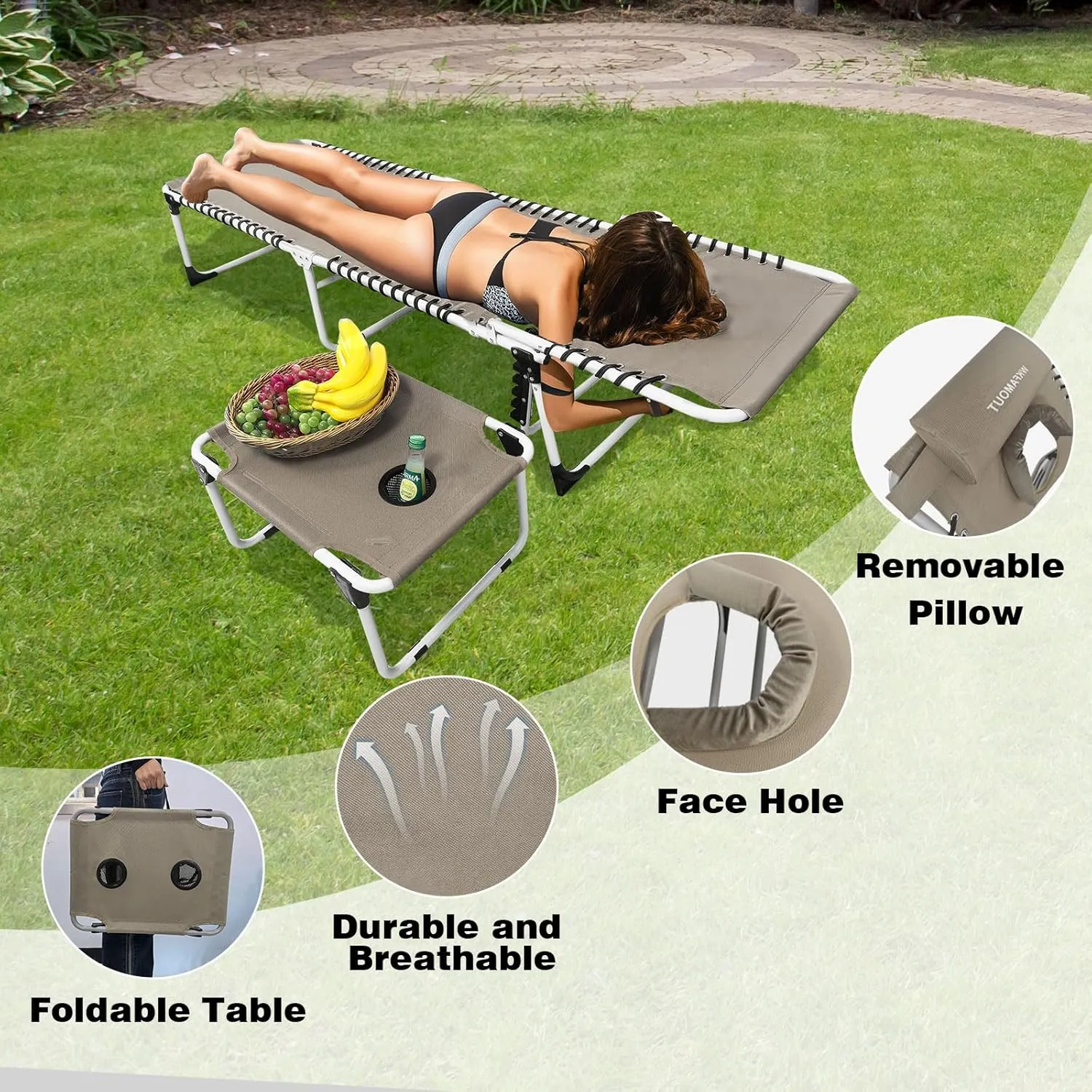 Sun Tanning Chair with Face Hole 5-Position Folding Lounge Chair Outdoor with Portable Beach Table for Poolside Sunbathing Camping Lawn Backyard