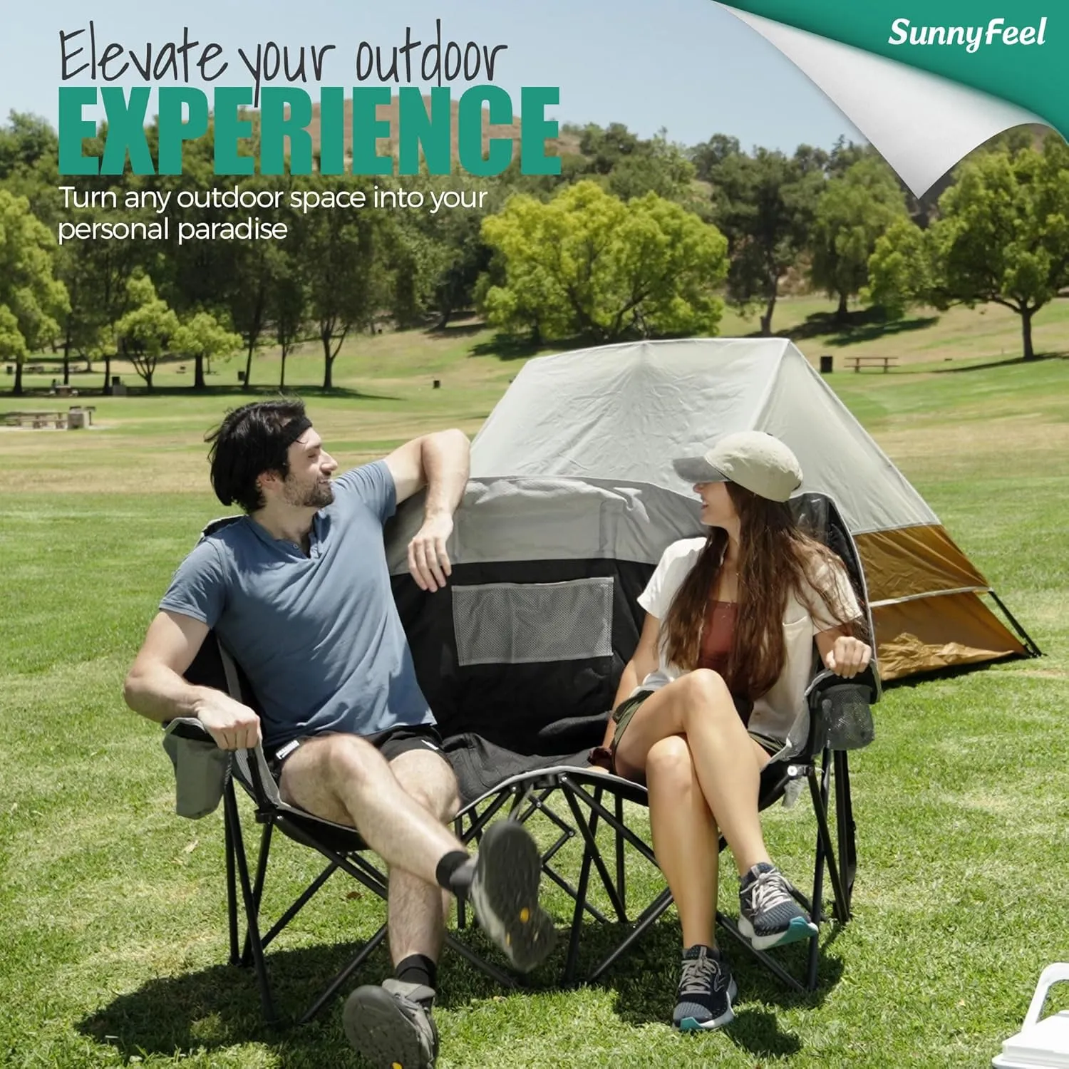 SUNNYFEEL Folding Double Camping Chair, Oversized Loveseat Chair, Heavy Duty Portable/Foldable Lawn Chair with Storage for Outside/Outdoor/Travel/Picnic, Fold Up Camp Chairs for Adults 2 People