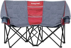 SUNNYFEEL Folding Double Camping Chair, Oversized Loveseat Chair, Heavy Duty Portable/Foldable Lawn Chair with Storage for Outside/Outdoor/Travel/Picnic, Fold Up Camp Chairs for Adults 2 People