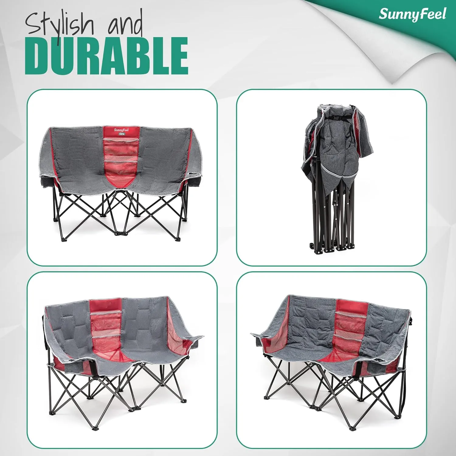 SUNNYFEEL Folding Double Camping Chair, Oversized Loveseat Chair, Heavy Duty Portable/Foldable Lawn Chair with Storage for Outside/Outdoor/Travel/Picnic, Fold Up Camp Chairs for Adults 2 People