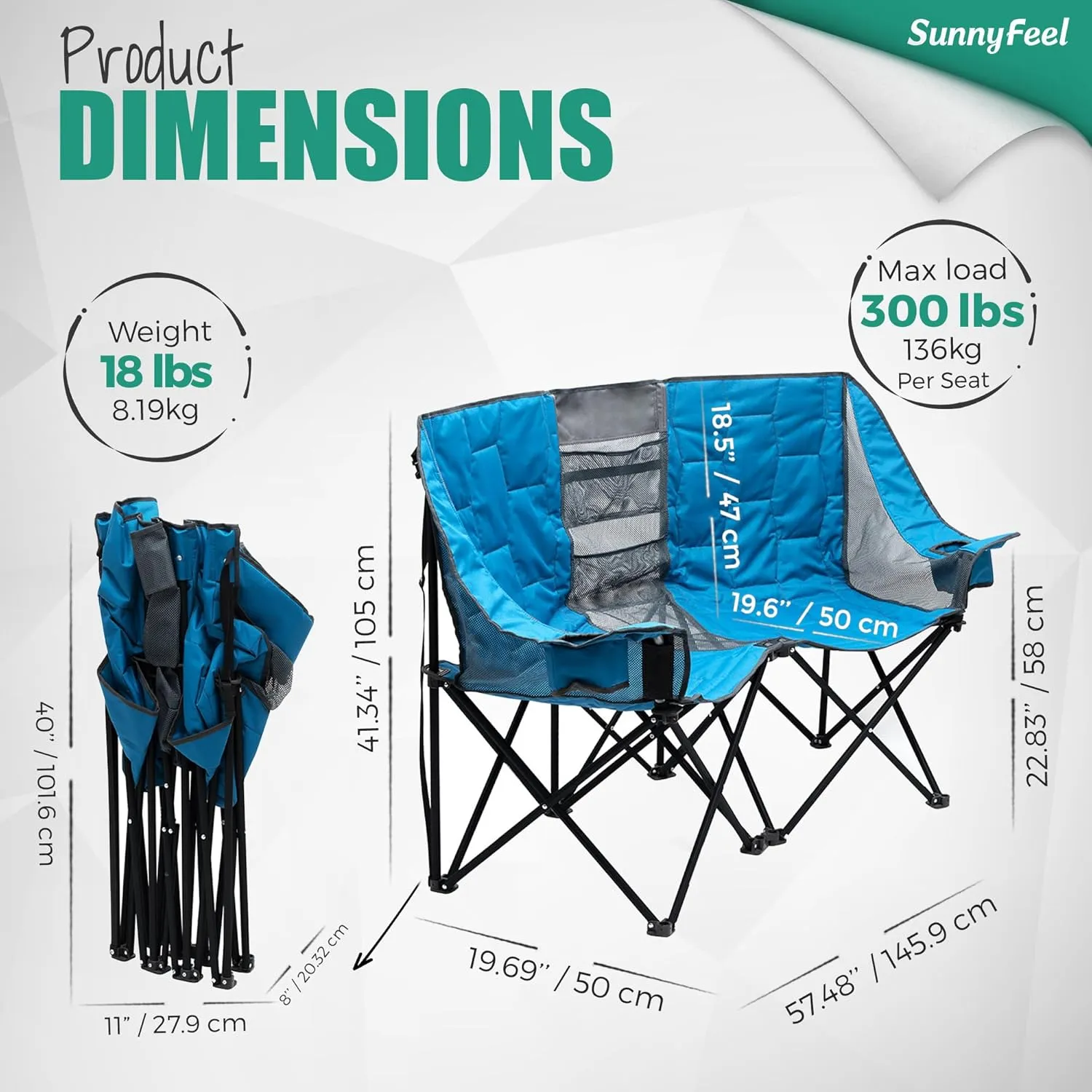 SUNNYFEEL Folding Double Camping Chair, Oversized Loveseat Chair, Heavy Duty Portable/Foldable Lawn Chair with Storage for Outside/Outdoor/Travel/Picnic, Fold Up Camp Chairs for Adults 2 People