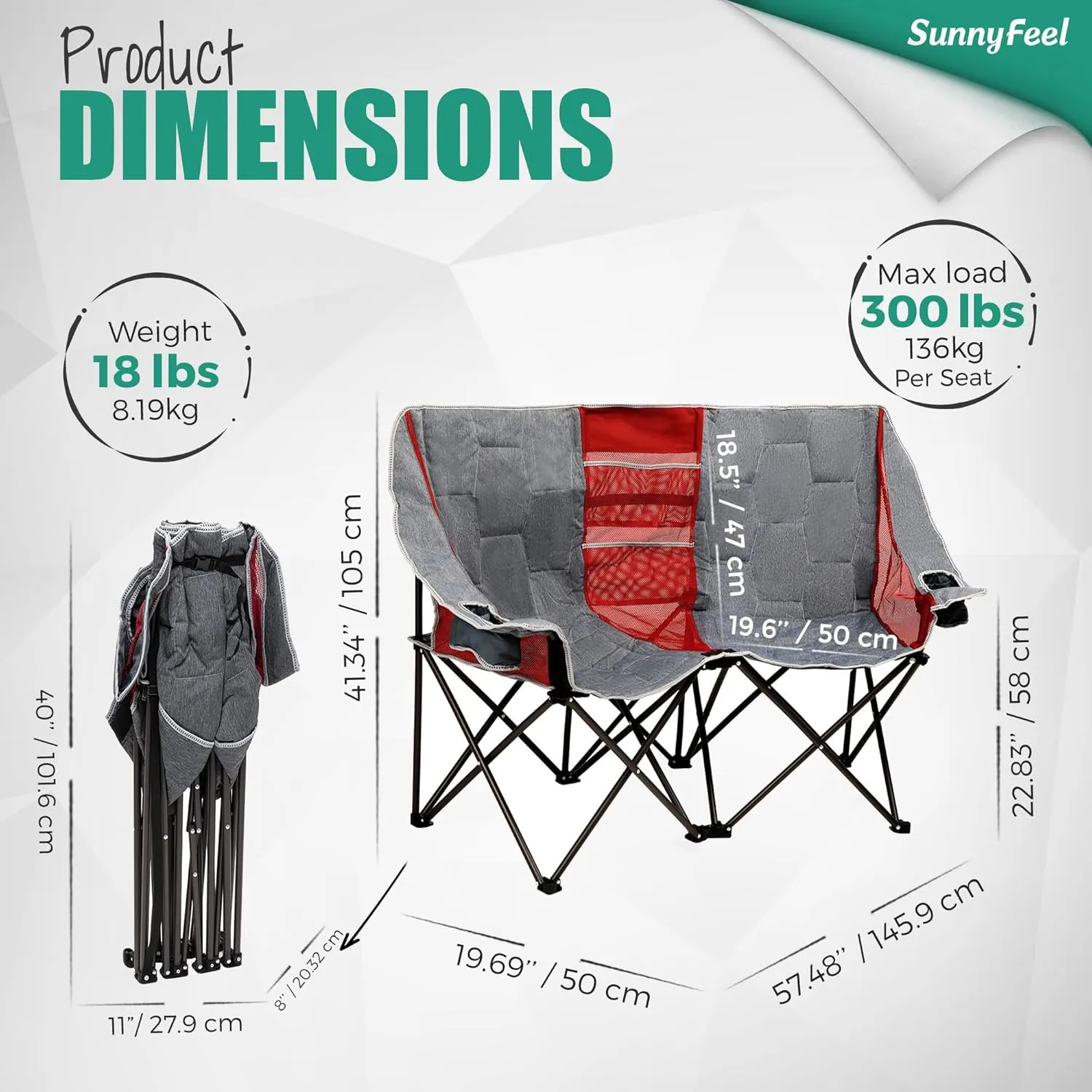 SUNNYFEEL Folding Double Camping Chair, Oversized Loveseat Chair, Heavy Duty Portable/Foldable Lawn Chair with Storage for Outside/Outdoor/Travel/Picnic, Fold Up Camp Chairs for Adults 2 People
