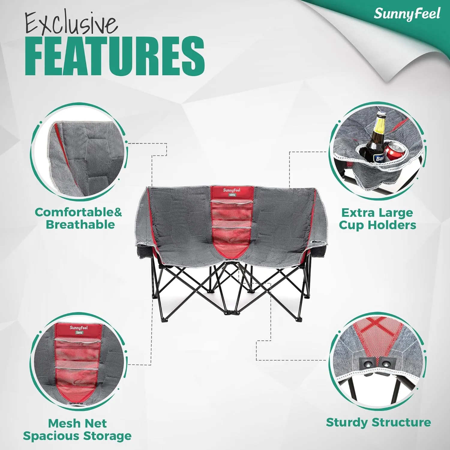 SUNNYFEEL Folding Double Camping Chair, Oversized Loveseat Chair, Heavy Duty Portable/Foldable Lawn Chair with Storage for Outside/Outdoor/Travel/Picnic, Fold Up Camp Chairs for Adults 2 People