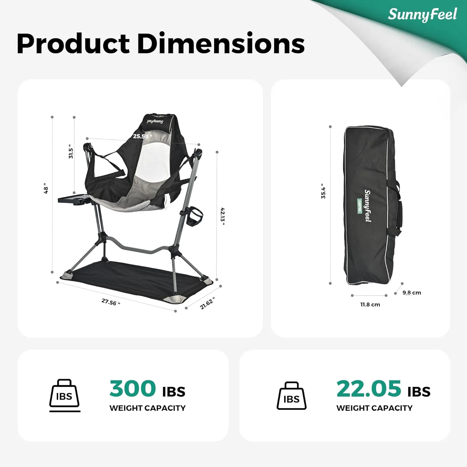 SUNNYFEEL Hammock Camping Chair with Adjustable Back,Oversized Swinging Folding Rocking Chair with Cup Holder,Folding Rocking Chair (Black Without Canopy)
