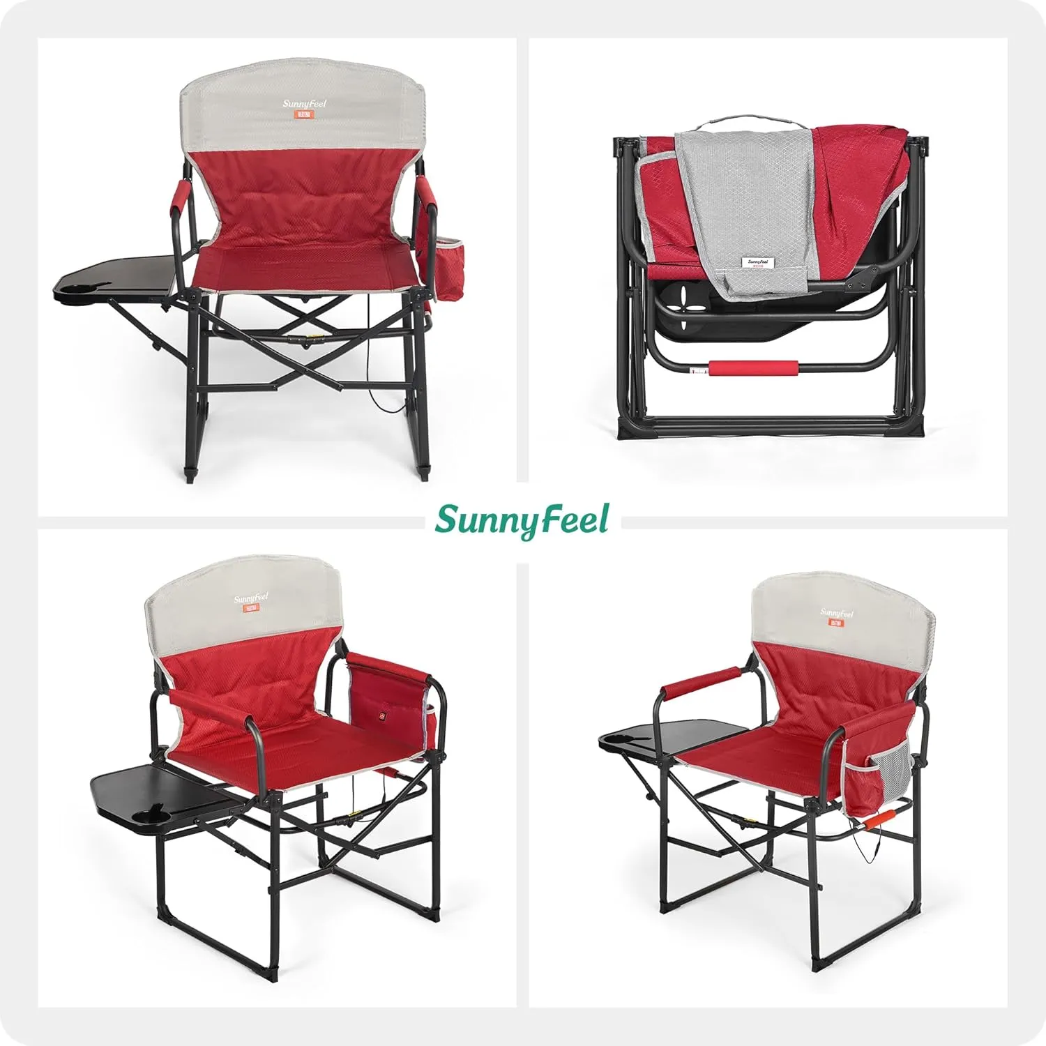 SUNNYFEEL Heated Camping Directors Chair, Heavy Duty,Oversized Outdoor Portable Heating Folding Chair with Side Table, Pocket for Beach, Fishing,Trip,Picnic,Lawn,Concert Foldable Camp Chairs