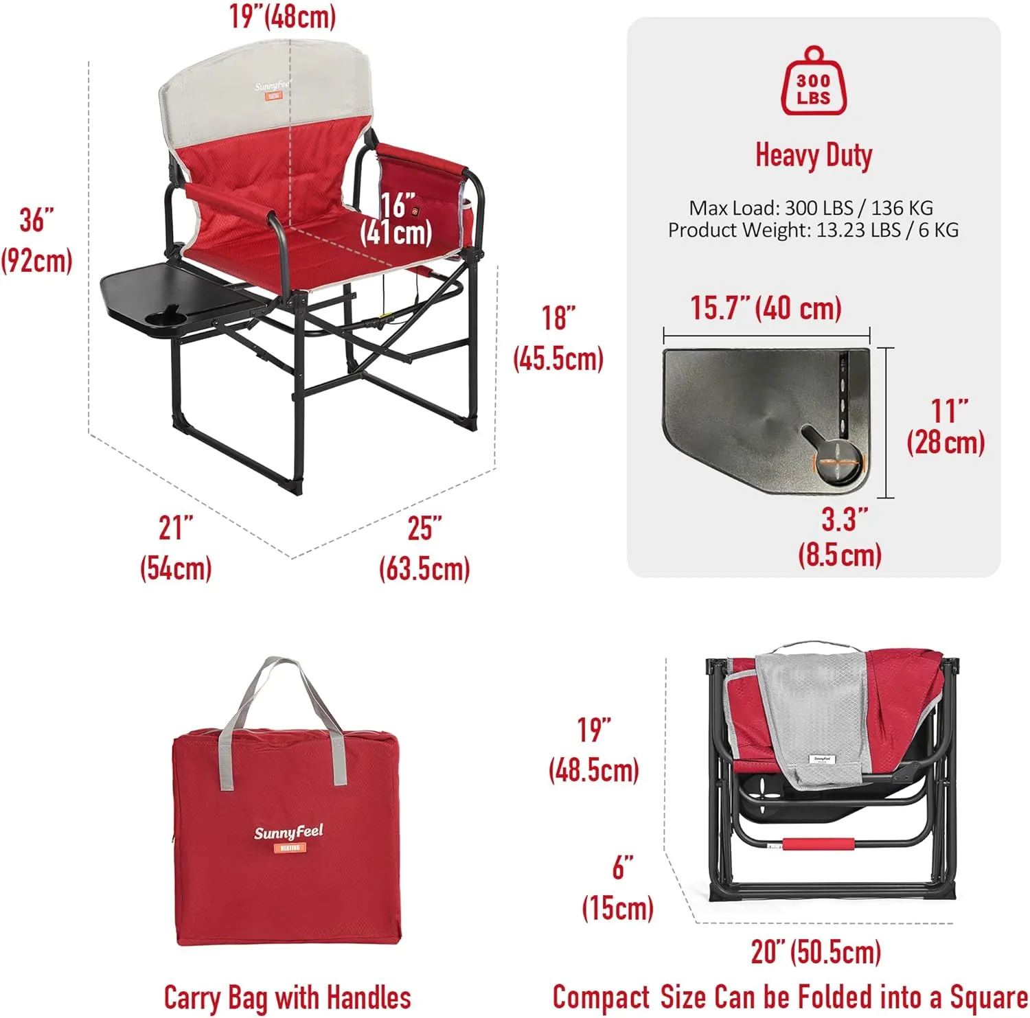SUNNYFEEL Heated Camping Directors Chair, Heavy Duty,Oversized Outdoor Portable Heating Folding Chair with Side Table, Pocket for Beach, Fishing,Trip,Picnic,Lawn,Concert Foldable Camp Chairs