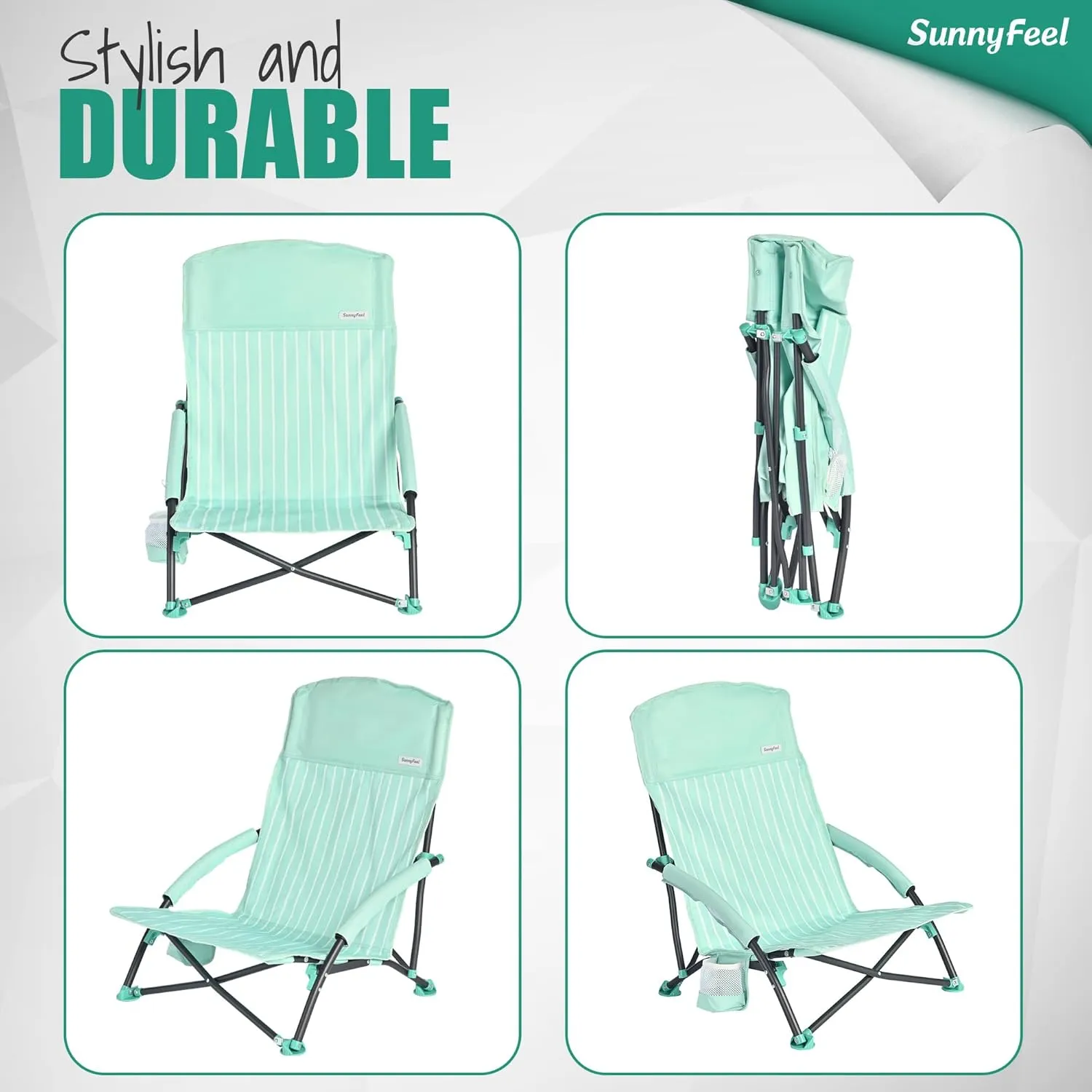 SUNNYFEEL Low Folding Beach Chair for Adults, Portable Lightweight Sling Beach Camping Chairs with Cup Holder, Armrest,Foldable Camp Lawn Chair for Outdoor Sand Concert Travel Sport Events,300LBS