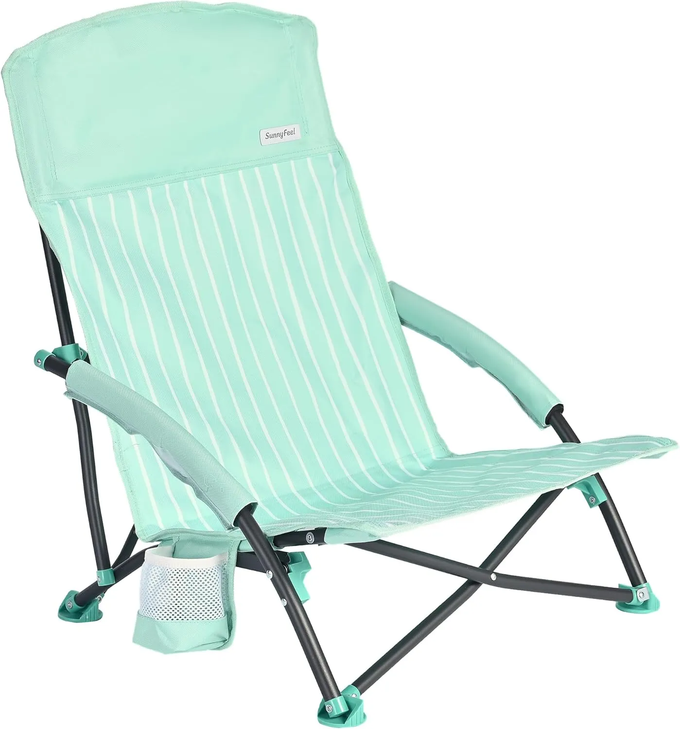 SUNNYFEEL Low Folding Beach Chair for Adults, Portable Lightweight Sling Beach Camping Chairs with Cup Holder, Armrest,Foldable Camp Lawn Chair for Outdoor Sand Concert Travel Sport Events,300LBS