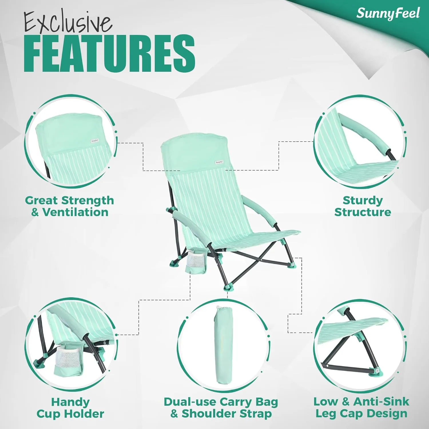 SUNNYFEEL Low Folding Beach Chair for Adults, Portable Lightweight Sling Beach Camping Chairs with Cup Holder, Armrest,Foldable Camp Lawn Chair for Outdoor Sand Concert Travel Sport Events,300LBS