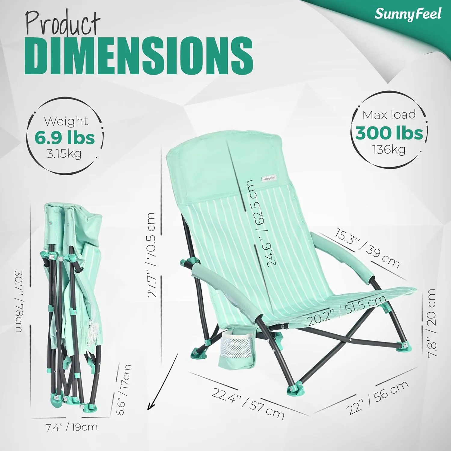 SUNNYFEEL Low Folding Beach Chair for Adults, Portable Lightweight Sling Beach Camping Chairs with Cup Holder, Armrest,Foldable Camp Lawn Chair for Outdoor Sand Concert Travel Sport Events,300LBS