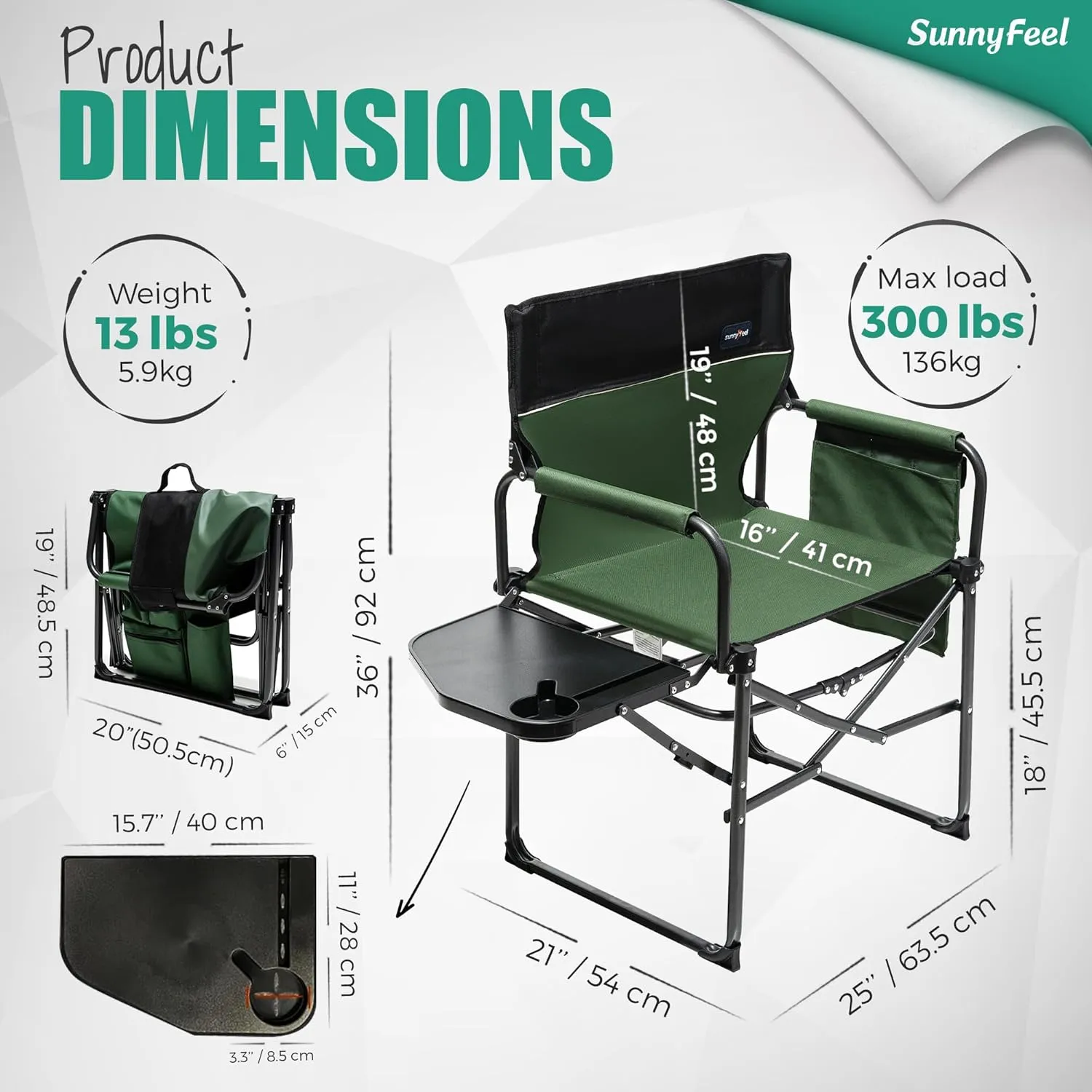 SUNNYFEEL Oversized Camping Directors Chair, Portable Folding Lawn Chairs for Adults Heavy Duty with Side Table,Pocket for Beach, Fishing,Picnic,Concert,Tailgating, Outdoor Foldable Camp Chair