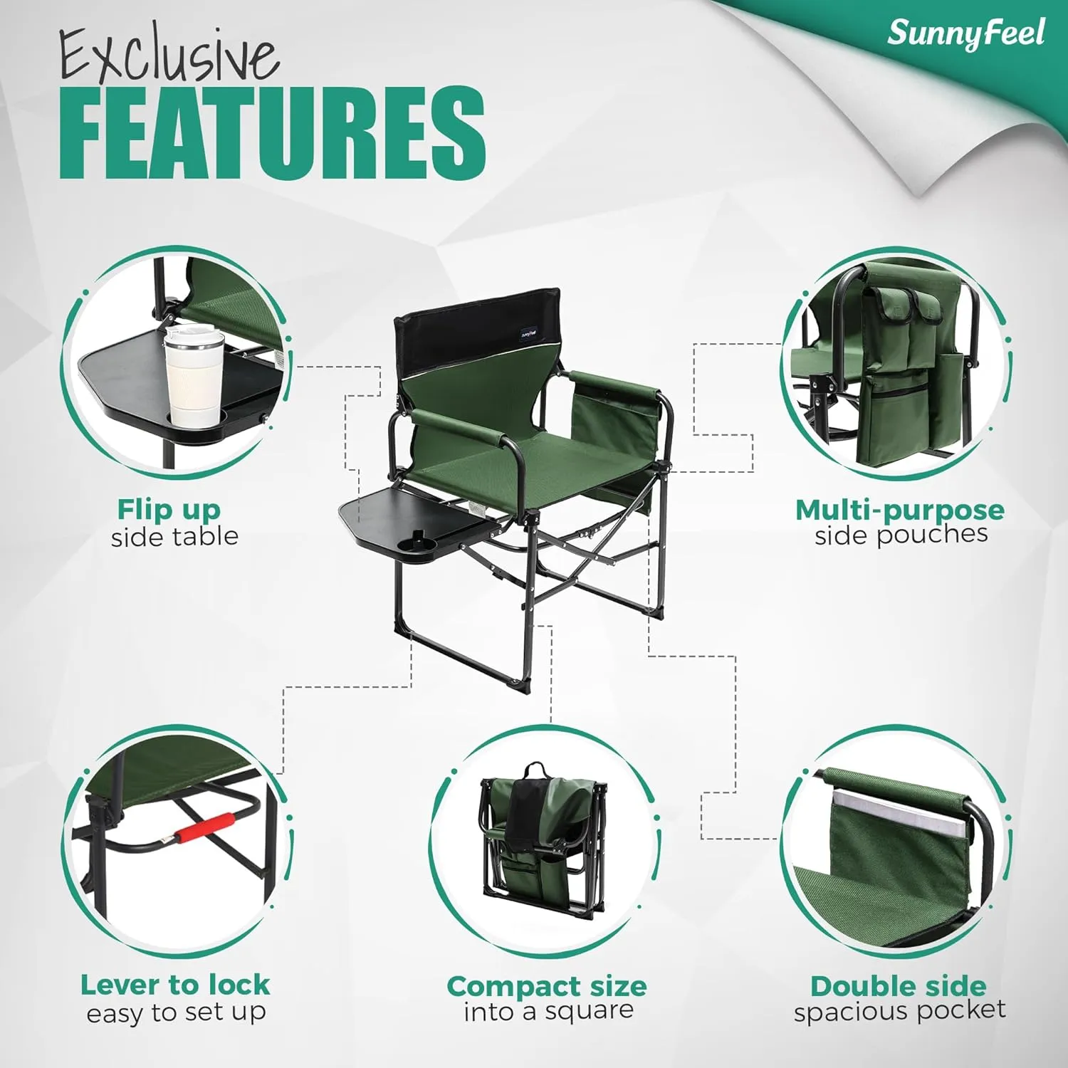SUNNYFEEL Oversized Camping Directors Chair, Portable Folding Lawn Chairs for Adults Heavy Duty with Side Table,Pocket for Beach, Fishing,Picnic,Concert,Tailgating, Outdoor Foldable Camp Chair