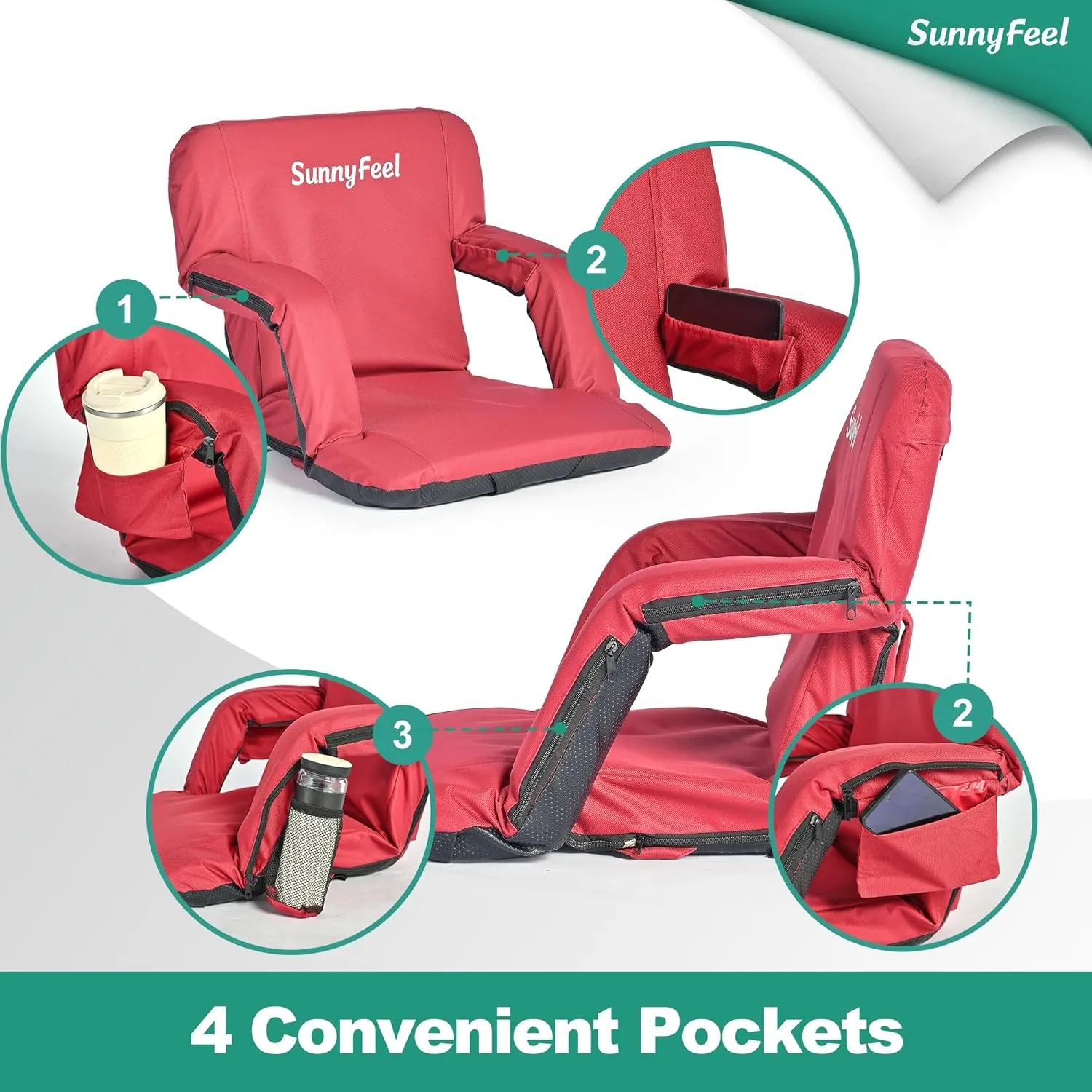 SUNNYFEEL Stadium Seats with Back Support Cushion Wide for Bleachers, Bleacher Chairs with Back and Cushion Padded Portable, Stadium Chairs with 5 Hidden Pockets (Red-2 Pack, Extra Wide 25.2'')