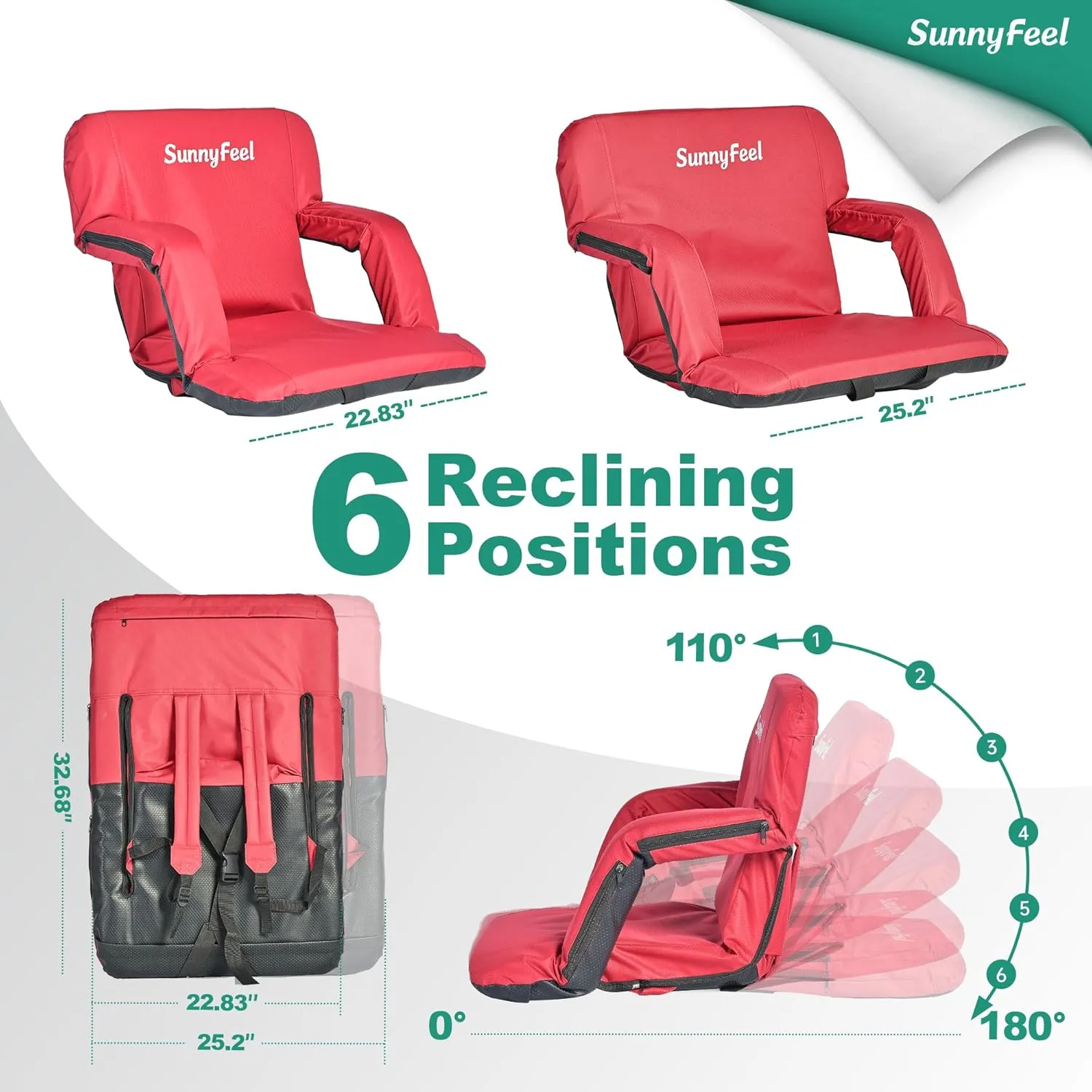 SUNNYFEEL Stadium Seats with Back Support Cushion Wide for Bleachers, Bleacher Chairs with Back and Cushion Padded Portable, Stadium Chairs with 5 Hidden Pockets (Red-2 Pack, Extra Wide 25.2'')