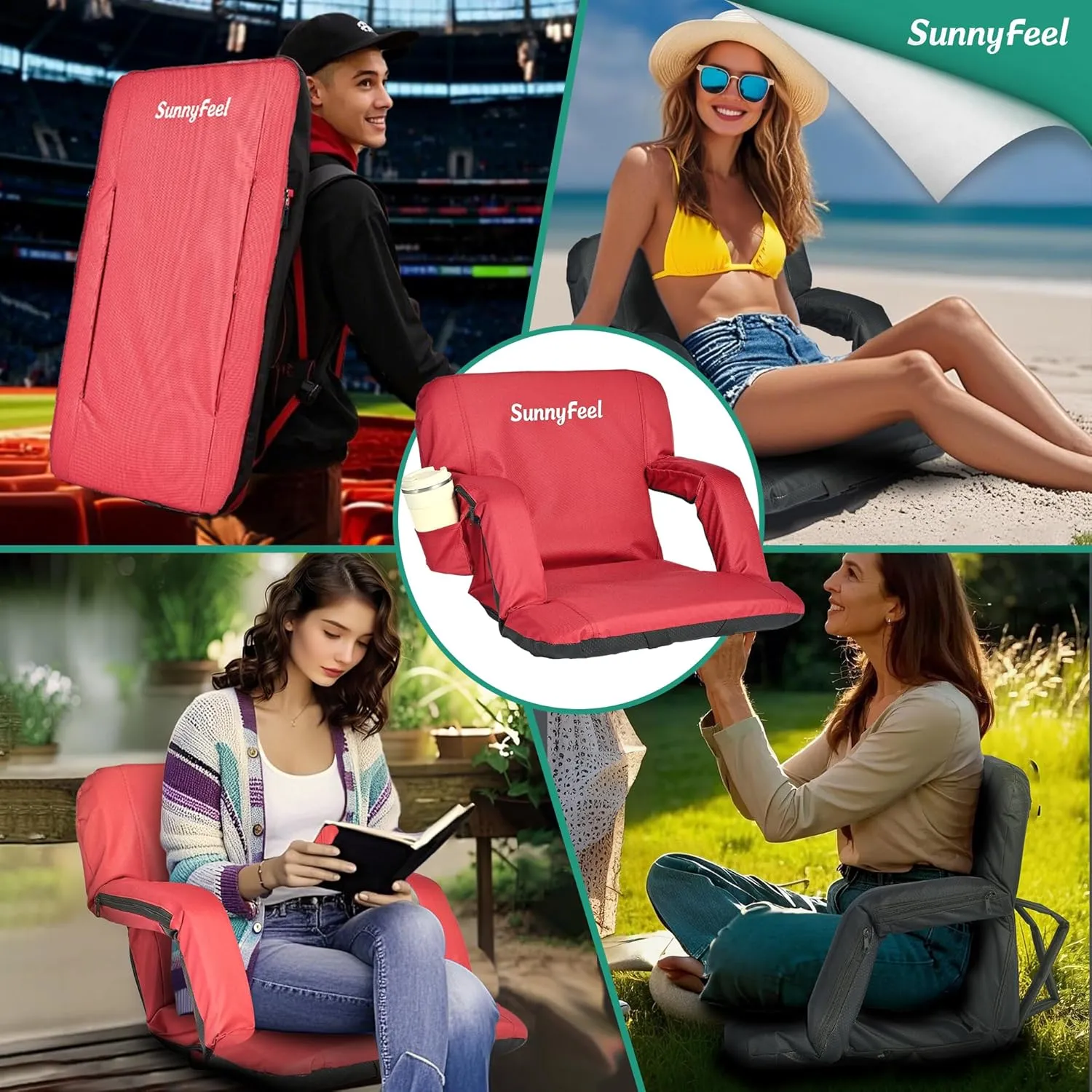 SUNNYFEEL Stadium Seats with Back Support Cushion Wide for Bleachers, Bleacher Chairs with Back and Cushion Padded Portable, Stadium Chairs with 5 Hidden Pockets (Red-2 Pack, Extra Wide 25.2'')