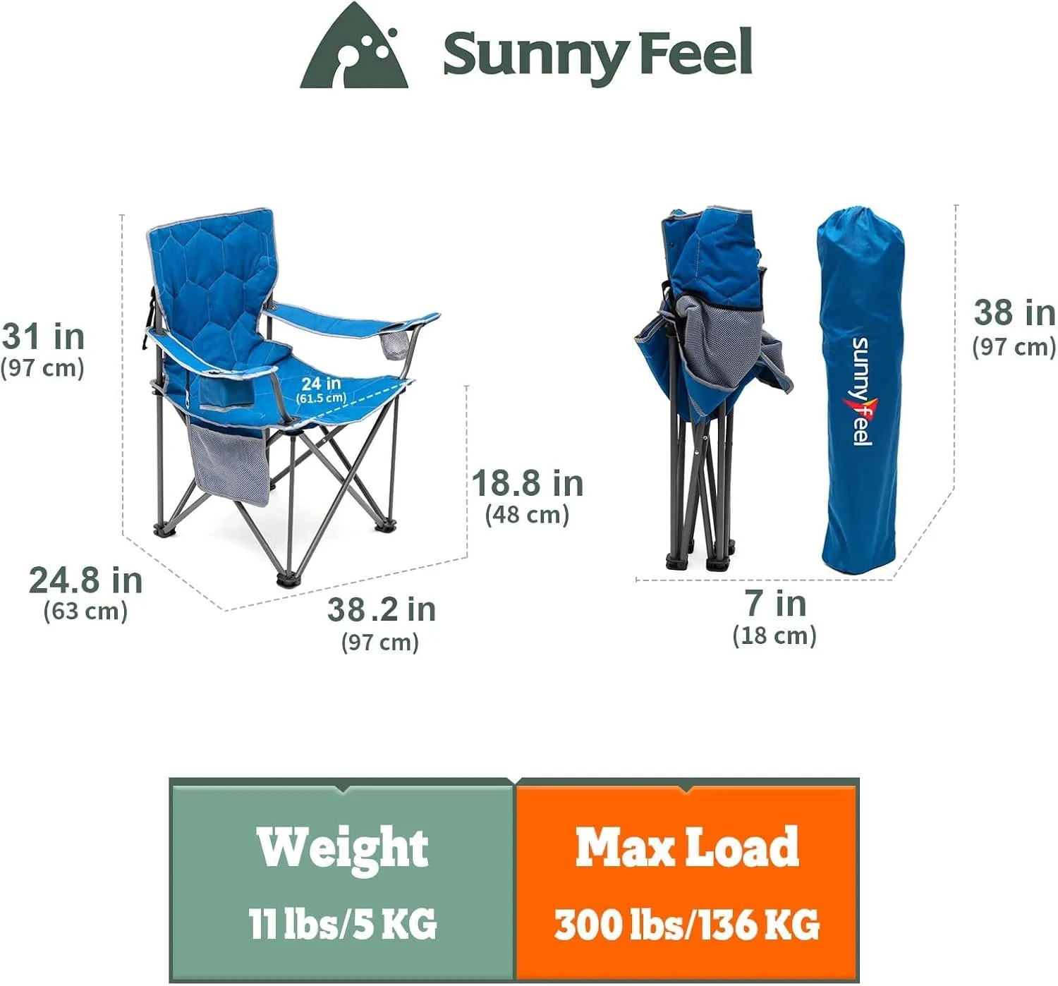 SUNNYFEEL XL Oversized Camping Chair, Folding Camp Chairs for Adults Heavy Duty Big Tall 500 LBS, Padded Portable Quad Arm Lawn Chair with Pocket for Outdoor/Picnic/Beach/Sports