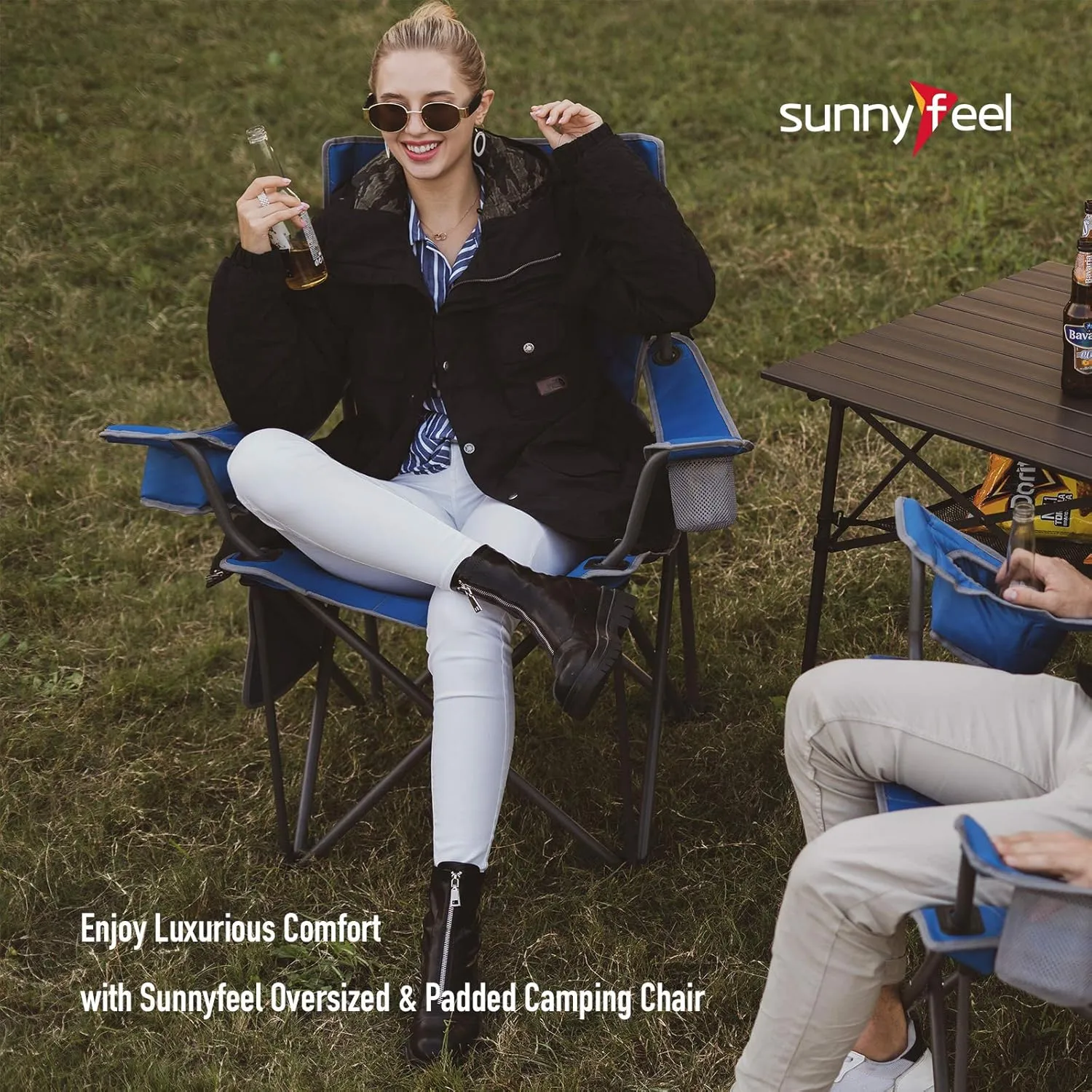 SUNNYFEEL XL Oversized Camping Chair, Folding Camp Chairs for Adults Heavy Duty Big Tall 500 LBS, Padded Portable Quad Arm Lawn Chair with Pocket for Outdoor/Picnic/Beach/Sports