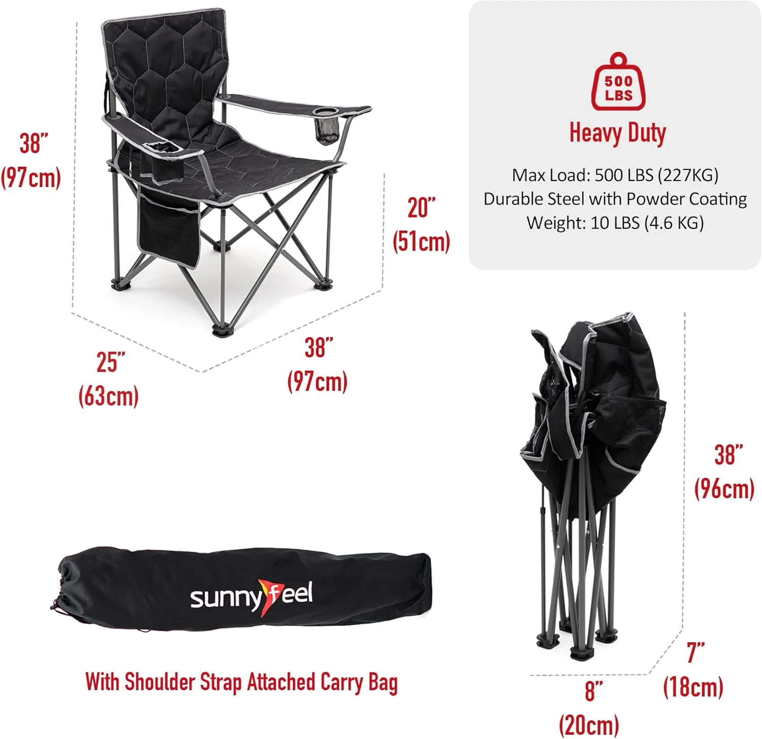 SUNNYFEEL XXL Oversized Camping Chair, 500 LBS Heavy Duty Lawn Chairs, Portable Folding Sports Chairs with Armrest, Cup Holder, Pocket ＆Bag for Outdoor/Travel/Picnic