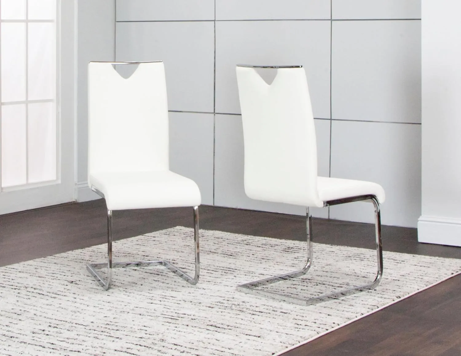 Sunset Trading Doral Faux Leather Upholstered Dining Chairs | S-Shaped Chrome Cantilever Base | White Padded Seats & High Backs | Set of 2 | Contemporary, Modern Kitchen Accent Sidechairs