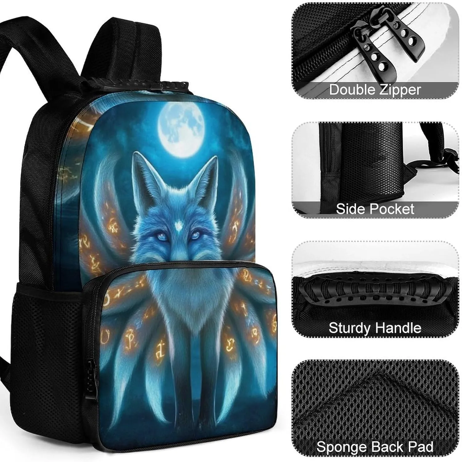 Supdreamc Adults Lightweight Magical Nine Tailed Fox Art Rucksacks Large Capacity Bookbag With Adjustable Shoulder Straps for Trekking Outdoors Bicycle