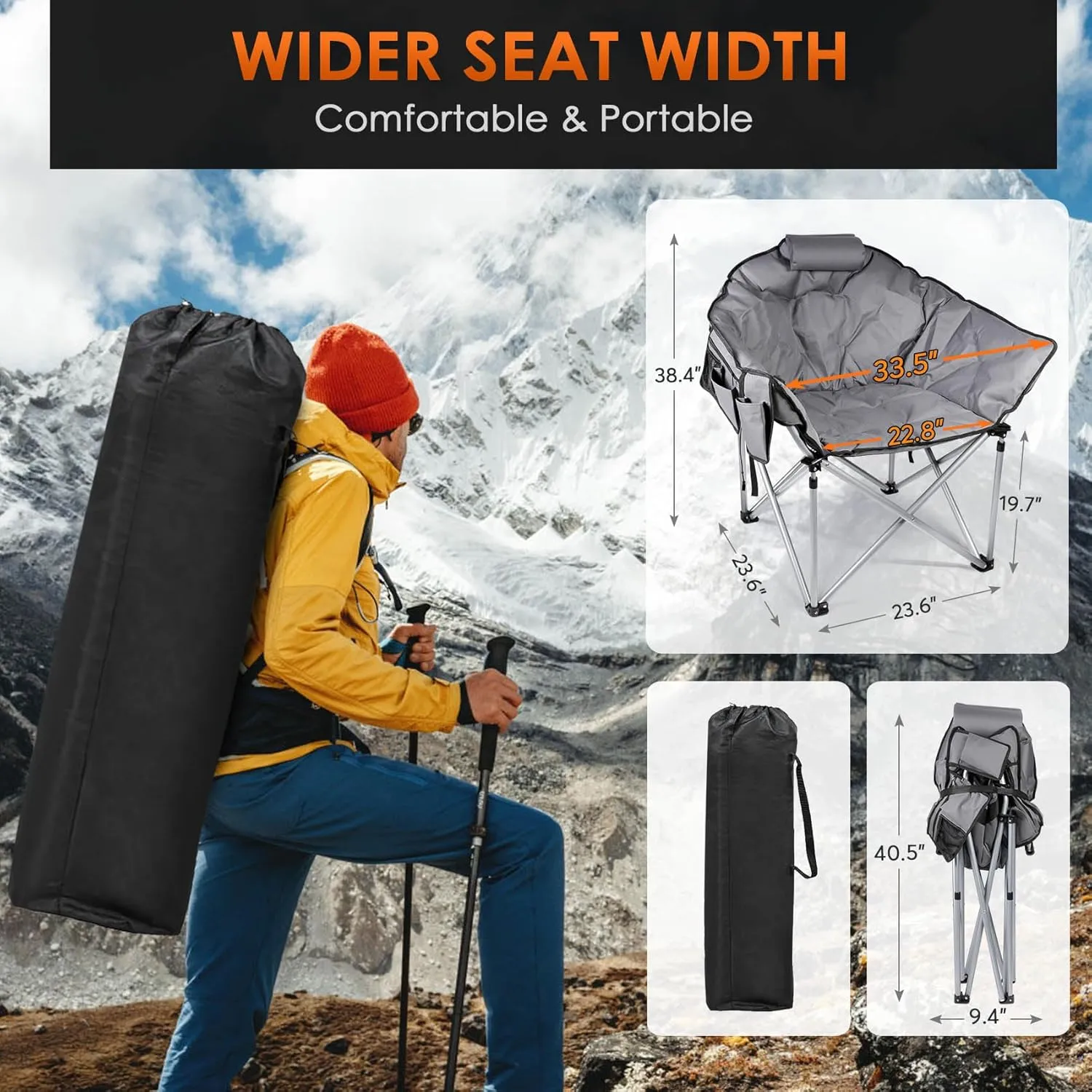 Suteck Heated Camping Chair, Oversized Heated Chairs Outdoor Sports W/3 Heat Levels for Back & Seat, Portable Folding Heated Outdoor Chair for Patio Travel, (Battery NOT Included)
