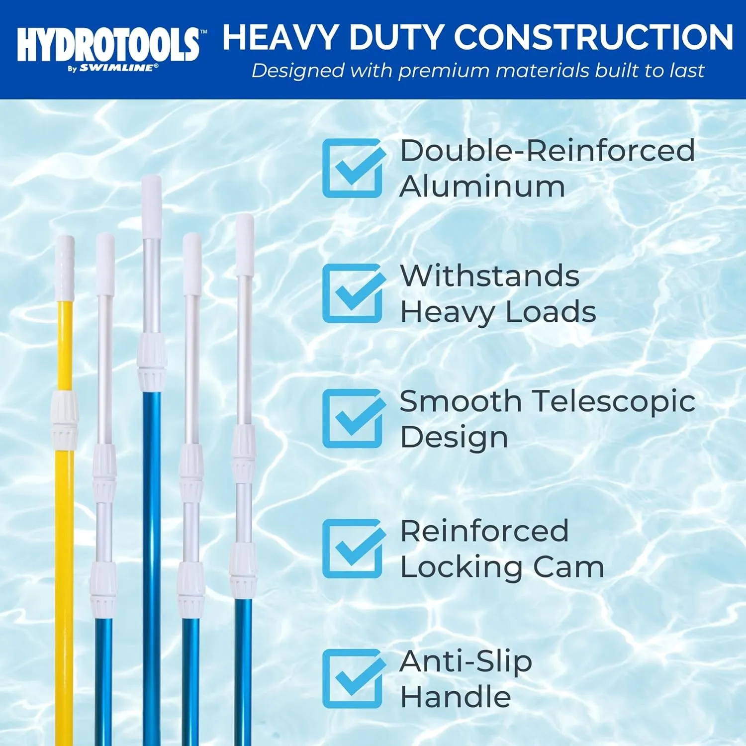 Swimline HYDROTOOLS 83565 2-Piece Telescopic Pole 8 To 15 Feet Adjustable Telepole For Swimming Pool Cleaning Skimmer Nets Vacuum Heads & Brushes Step-Up Anodized Aluminum W/ Strong Grip & Lock