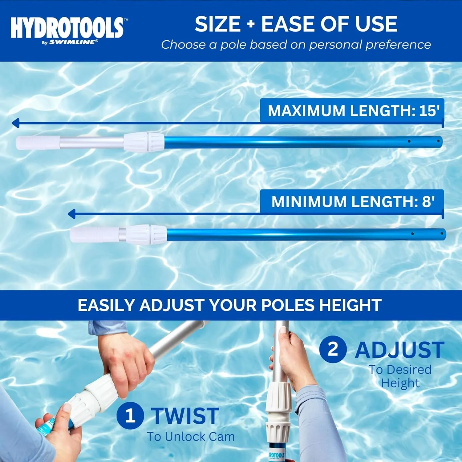 Swimline HYDROTOOLS 83565 2-Piece Telescopic Pole 8 To 15 Feet Adjustable Telepole For Swimming Pool Cleaning Skimmer Nets Vacuum Heads & Brushes Step-Up Anodized Aluminum W/ Strong Grip & Lock