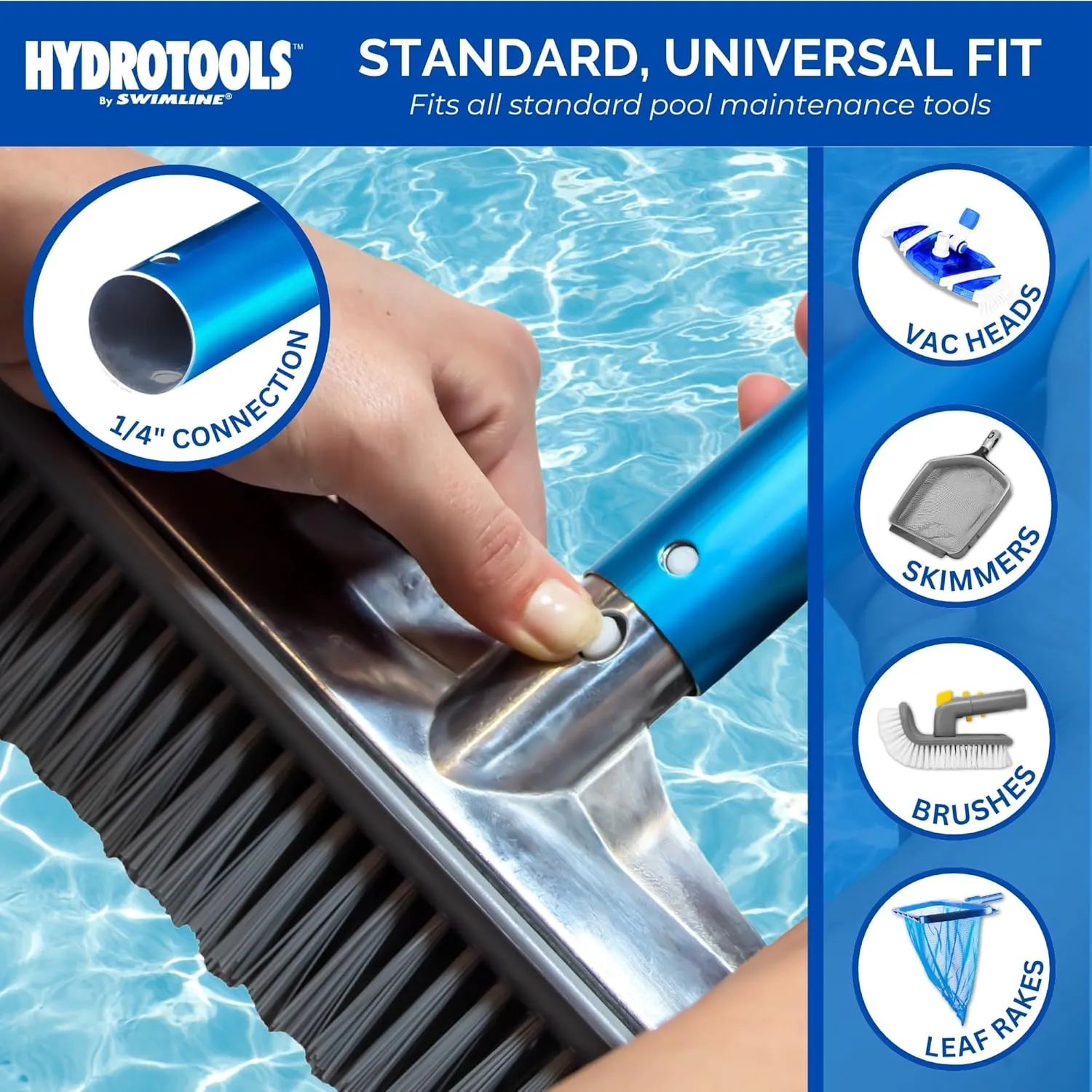 Swimline HYDROTOOLS 83565 2-Piece Telescopic Pole 8 To 15 Feet Adjustable Telepole For Swimming Pool Cleaning Skimmer Nets Vacuum Heads & Brushes Step-Up Anodized Aluminum W/ Strong Grip & Lock