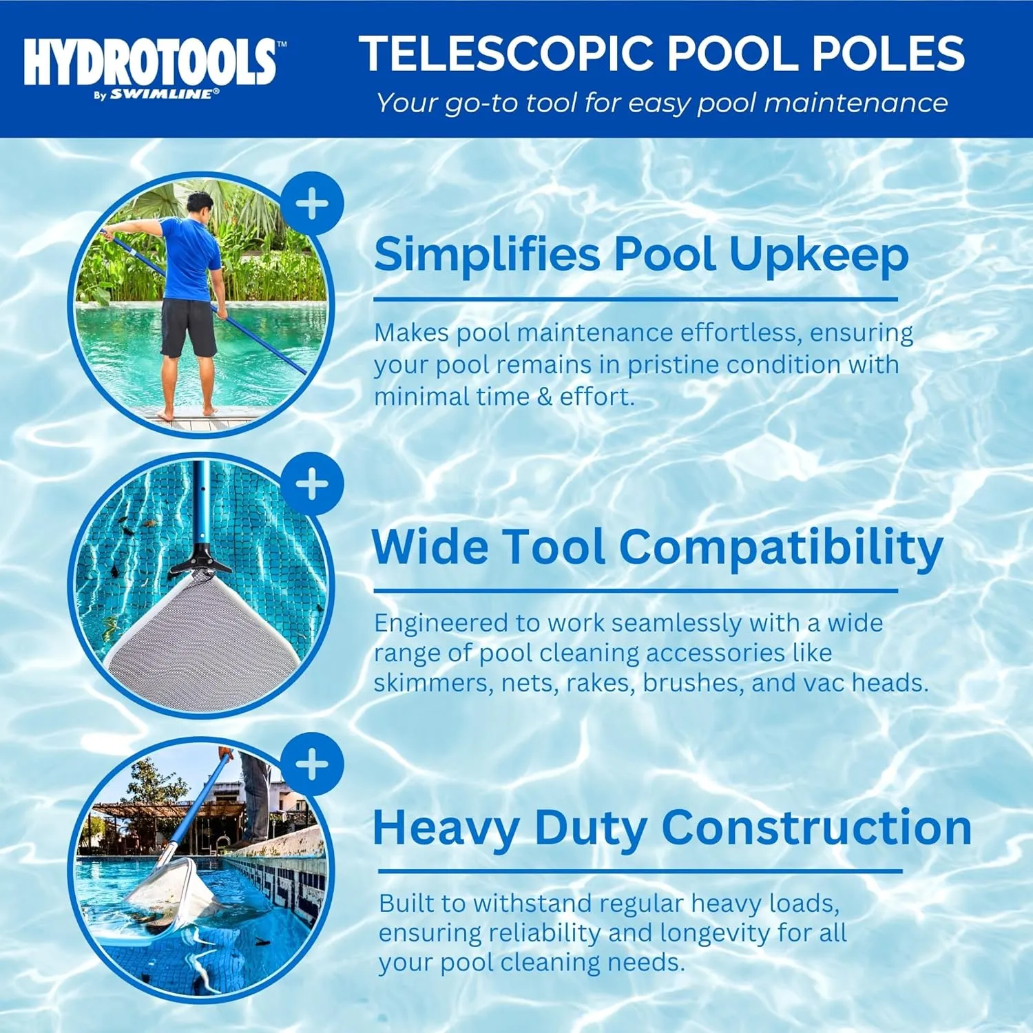 Swimline HYDROTOOLS 83565 2-Piece Telescopic Pole 8 To 15 Feet Adjustable Telepole For Swimming Pool Cleaning Skimmer Nets Vacuum Heads & Brushes Step-Up Anodized Aluminum W/ Strong Grip & Lock