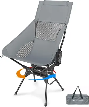 Swivel Camping Chair, High Back Folding Chair with Head Support, Side Cup Pocket, Stable Portable Outdoor Chair for Camp, Travel, Beach, Party, Fishing, Hiking, Backpacking