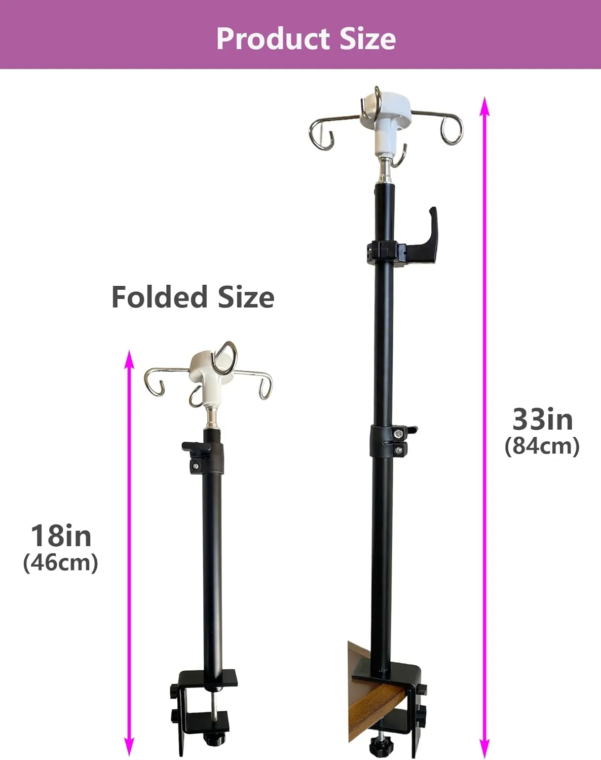 Table IV Pole, Portable IV Poles for Travel, Foldable IV Pole Stand Portable Adjustable Pole Stand Feeding Tube Holder with 4 Hooks for Wheelchairs Beds Nursing Clinic Home Care Travel