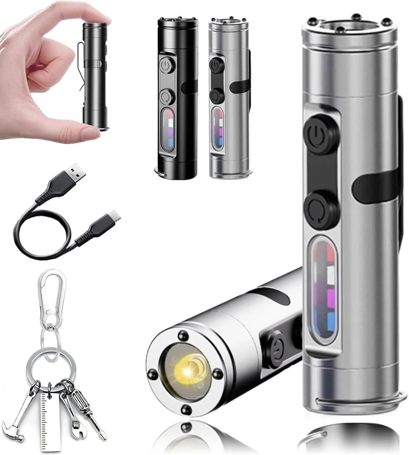 Taclite Mini – The Ultimate Everyday Micro Tool, Taclite Flashlight, Rechargeable LED Magnetic Super Bright Tactical Flashlight High Lumens, Dual Light System/3 Brightness/IP67 Waterproof (Silver)