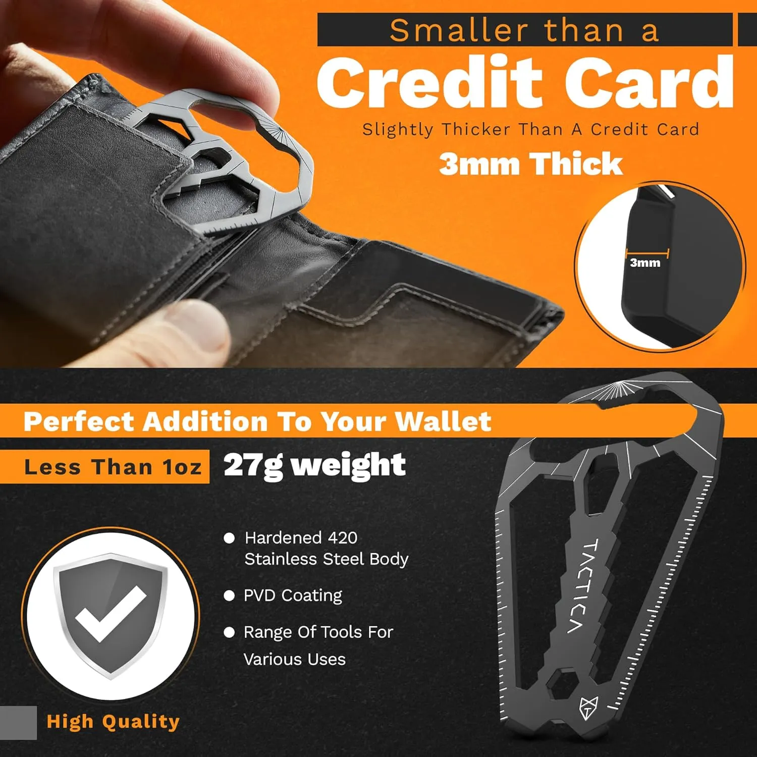 TACTICA Wallet Multitool | 23-in-1 EDC Credit Card Tool with Bottle Opener, Wrench Set, Bit Socket, Cord Cutter, Pry Bar, Screwdriver, Scraper, Ruler, and More | Stainless Steel Handle