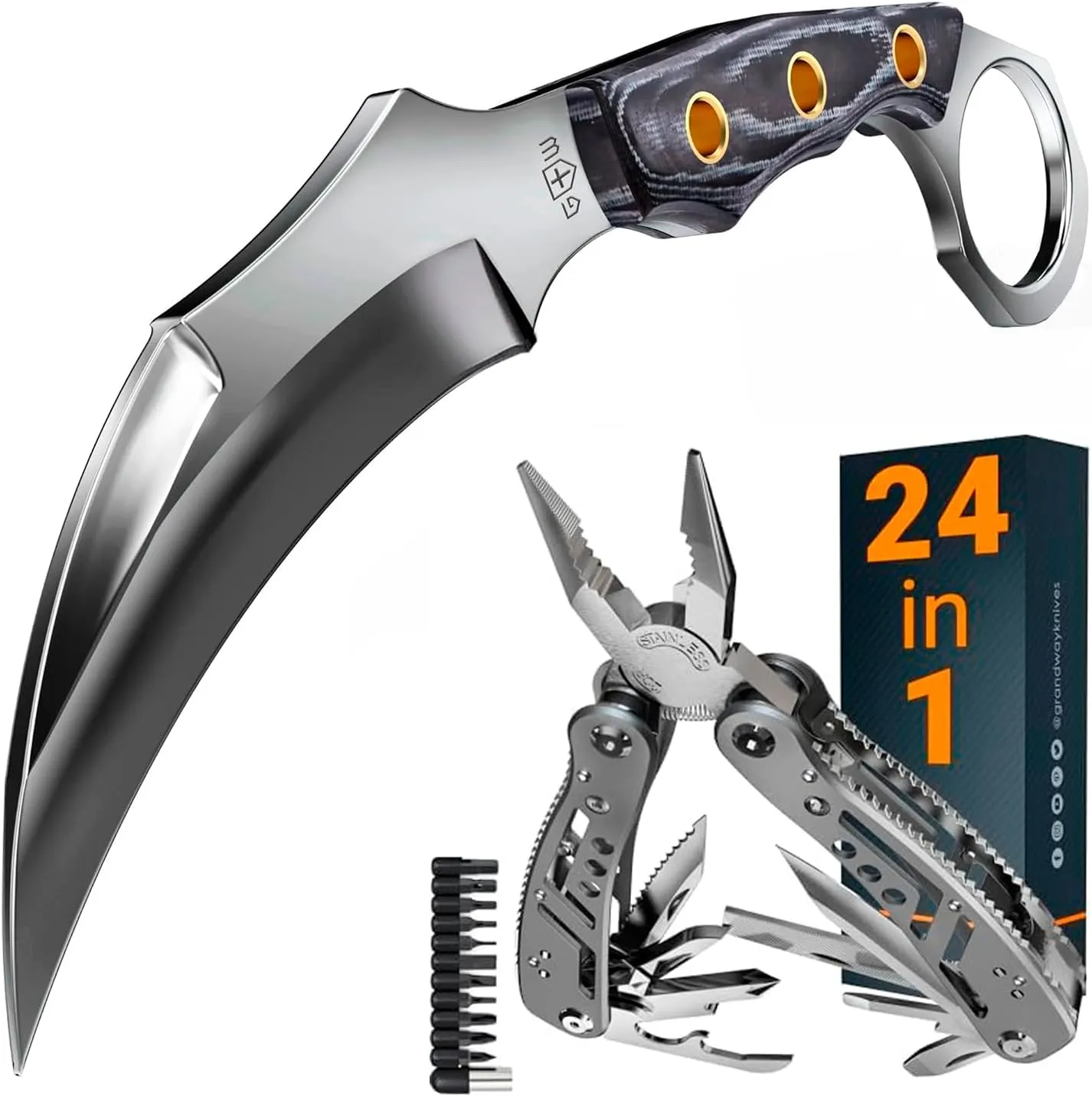 Tactical Knife with Sheath & Micarta Handle – Small Fixed Blade Knife – Multitool 24-in-1 with Mini Tools Knife Pliers and 11 Bits