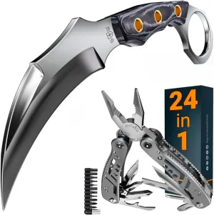 Tactical Knife with Sheath & Micarta Handle – Small Fixed Blade Knife – Multitool 24-in-1 with Mini Tools Knife Pliers and 11 Bits
