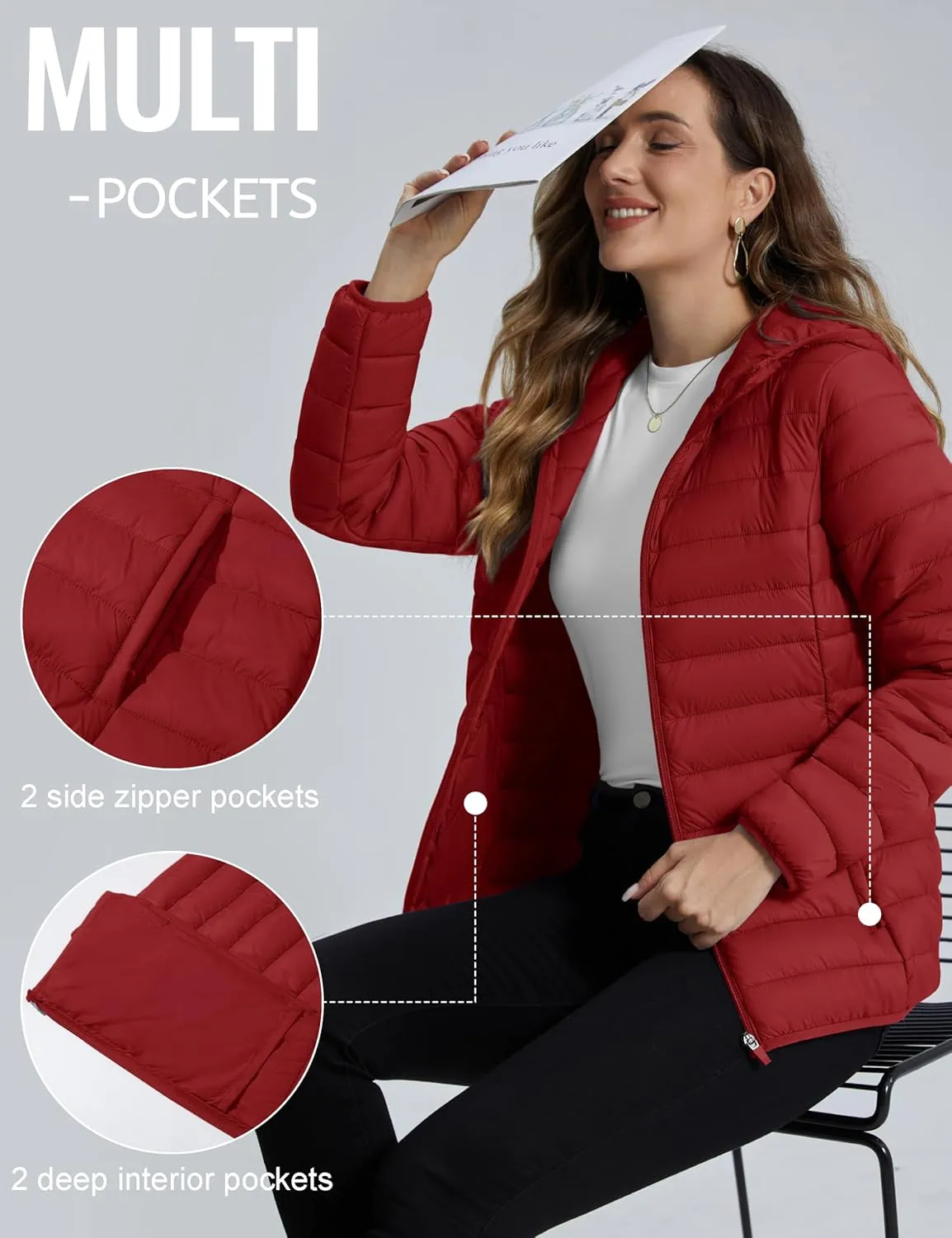 TACVASEN Women's Lightweight Puffer Jacket with Hood Pockets Quilted Padded Full-zip Winter Coat