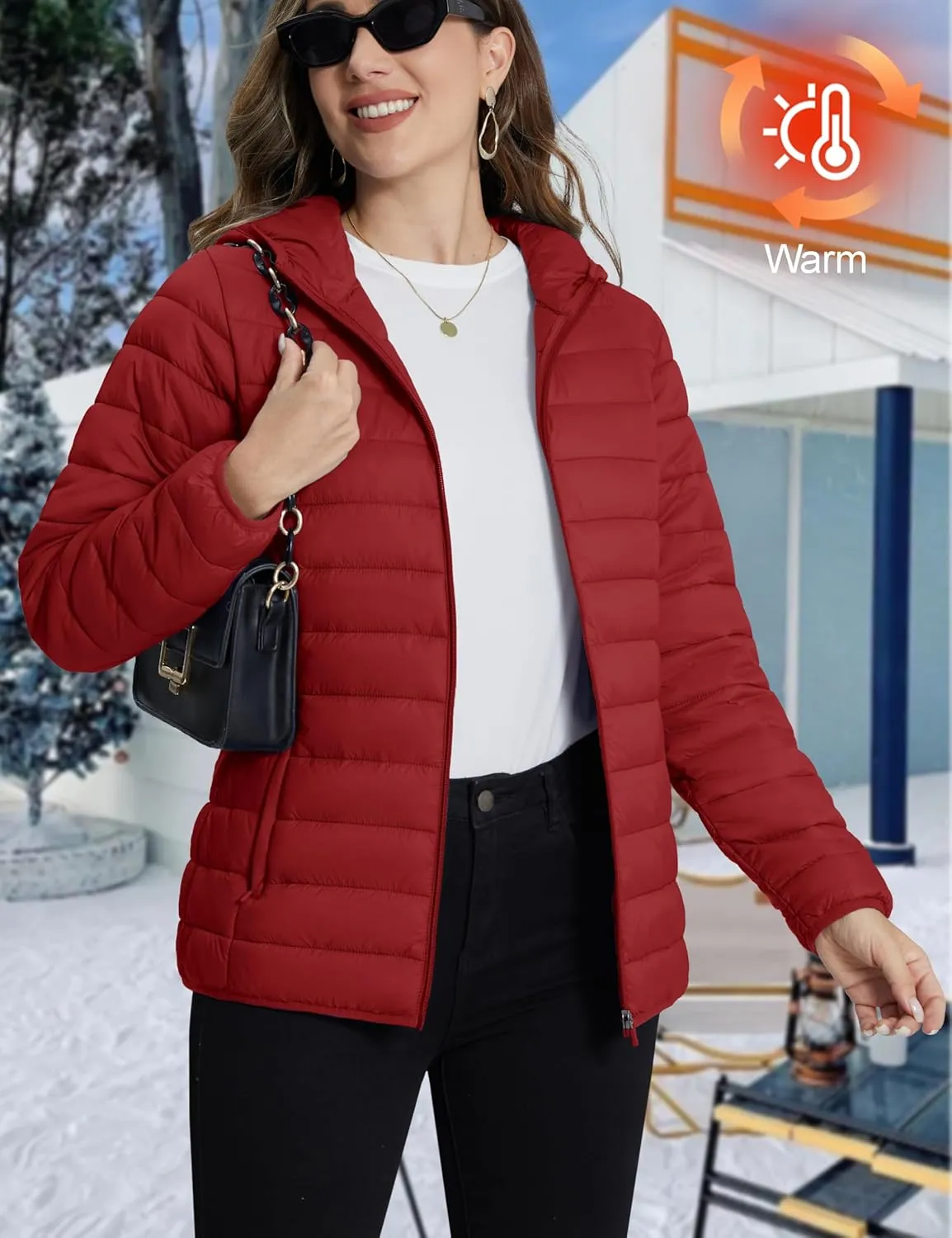 TACVASEN Women's Lightweight Puffer Jacket with Hood Pockets Quilted Padded Full-zip Winter Coat